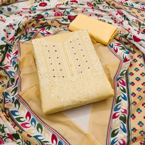 Beige Printed Mirror Work Pure Cotton Dress Material