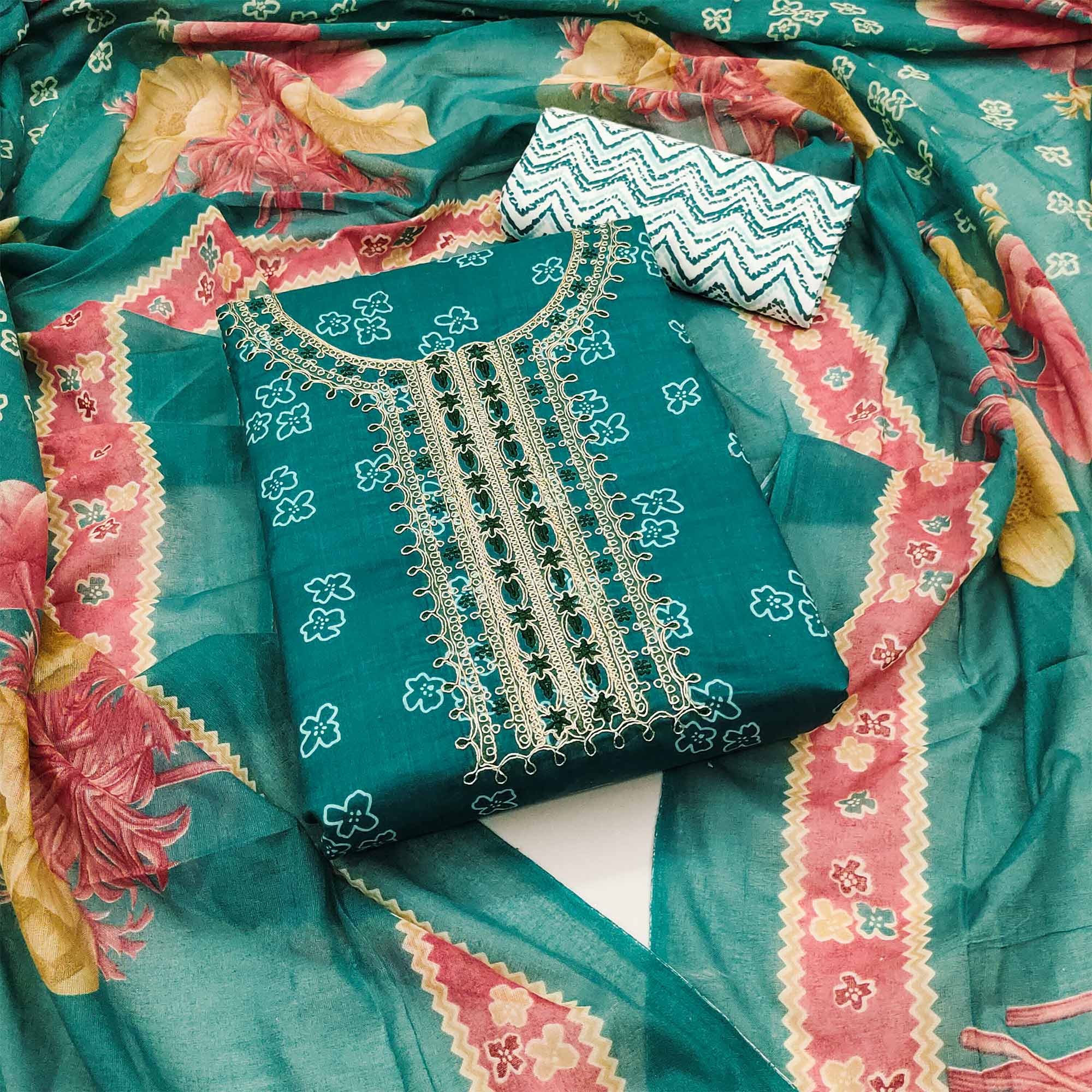 Teal Floral Printed Pure Cotton Dress Material