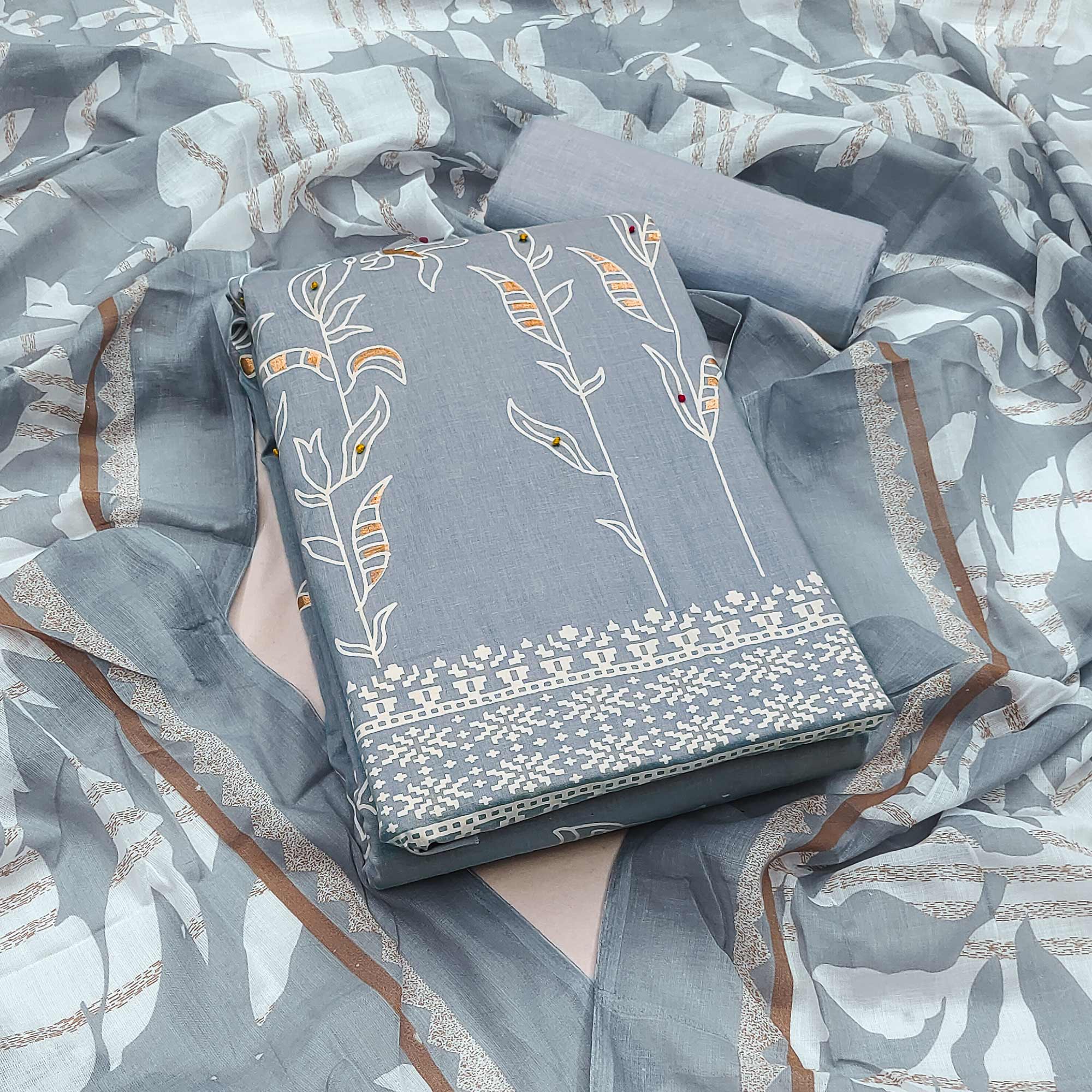 Grey Floral Foil Printed Pure Cotton Dress Material