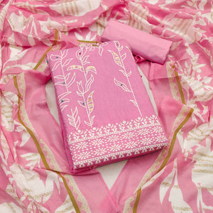 Pink Floral Foil Printed Pure Cotton Dress Material