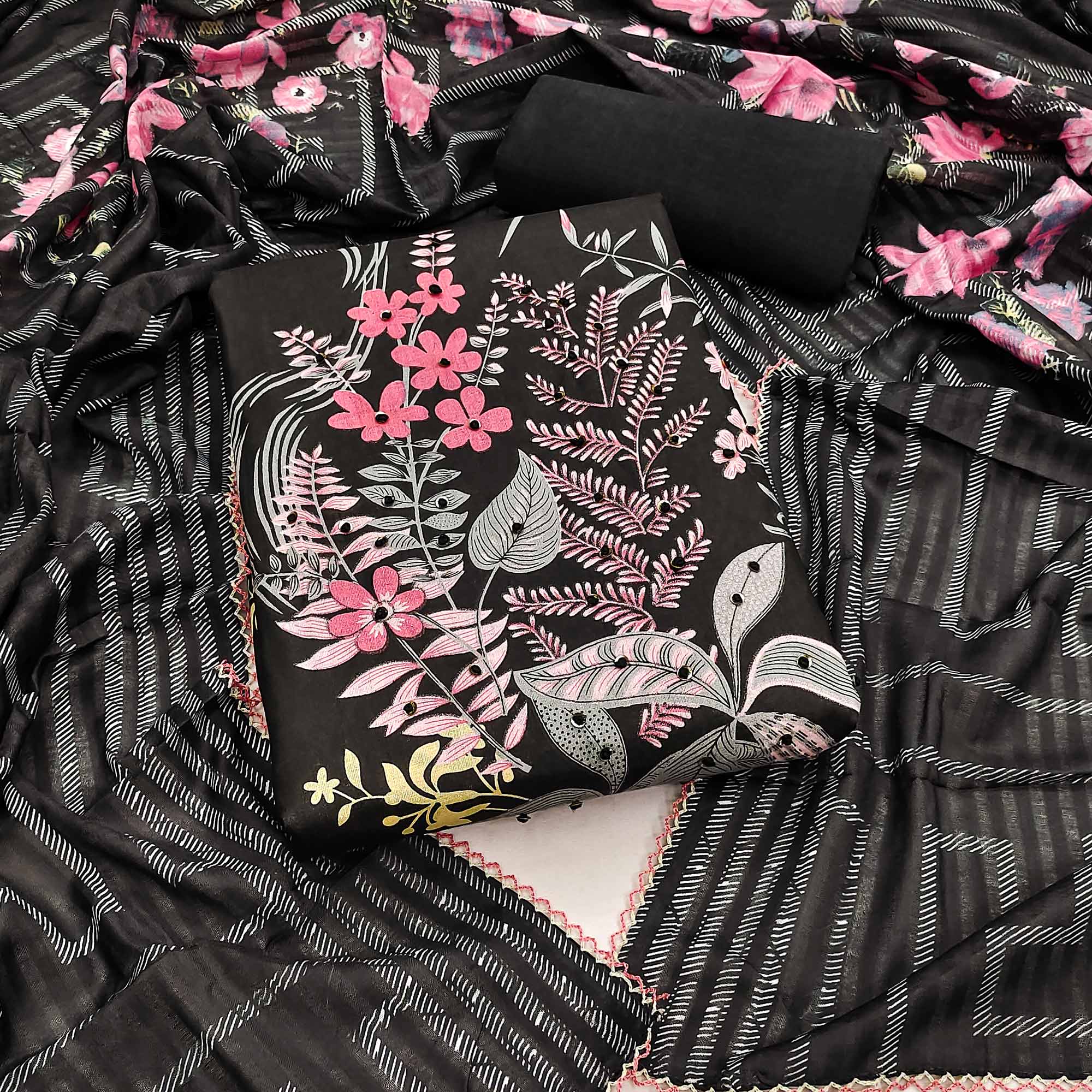 Black Floral Printed Pure Cotton Dress Material