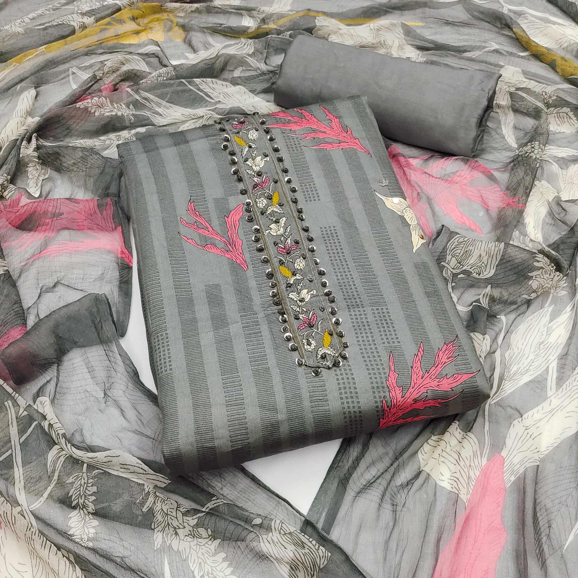 Grey Floral Printed Pure Cotton Dress Material