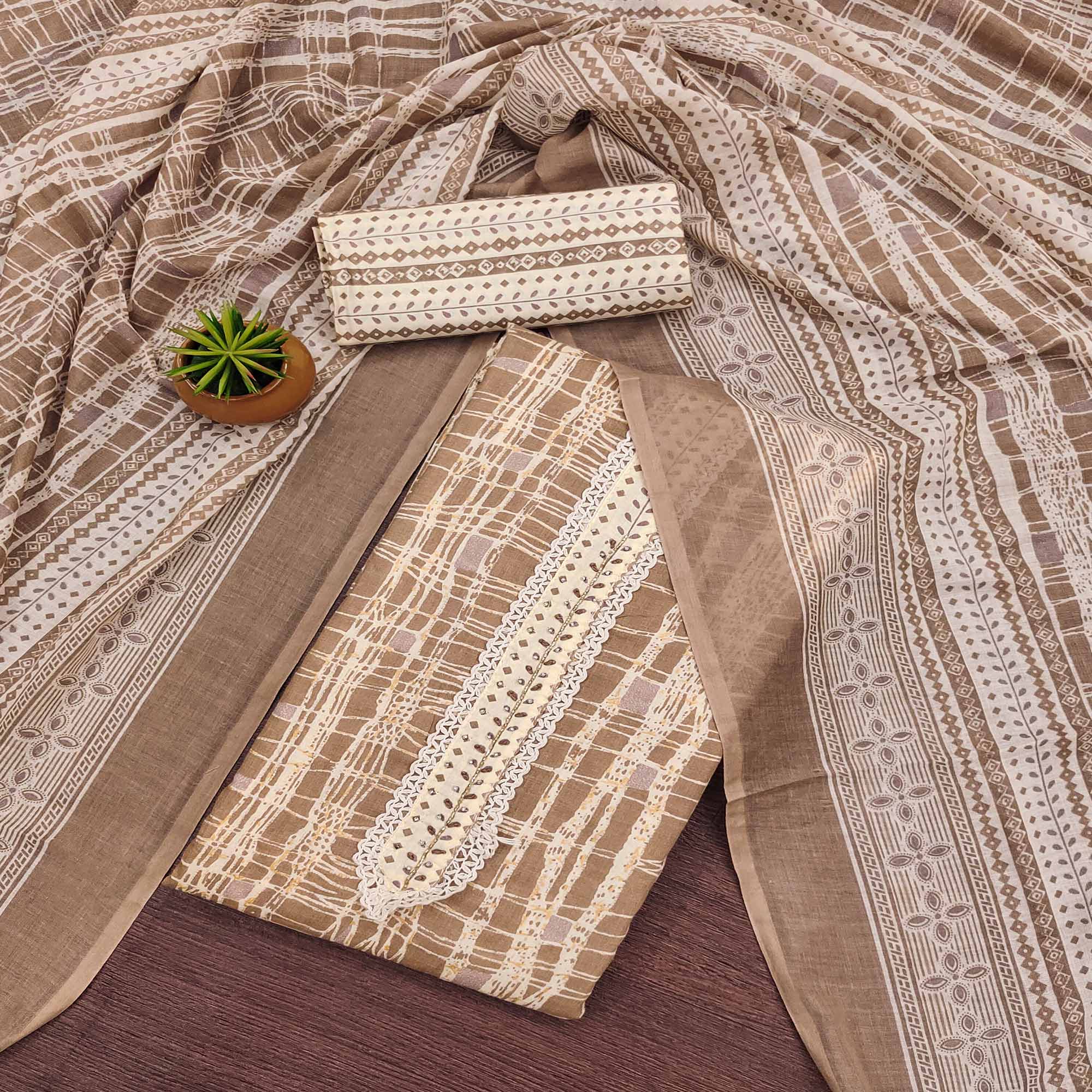 Brown Printed Pure Cotton Dress Material