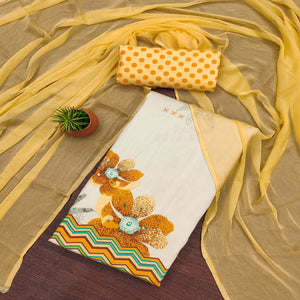 Beige & Mustard Floral Printed Pure Cotton Dress Material