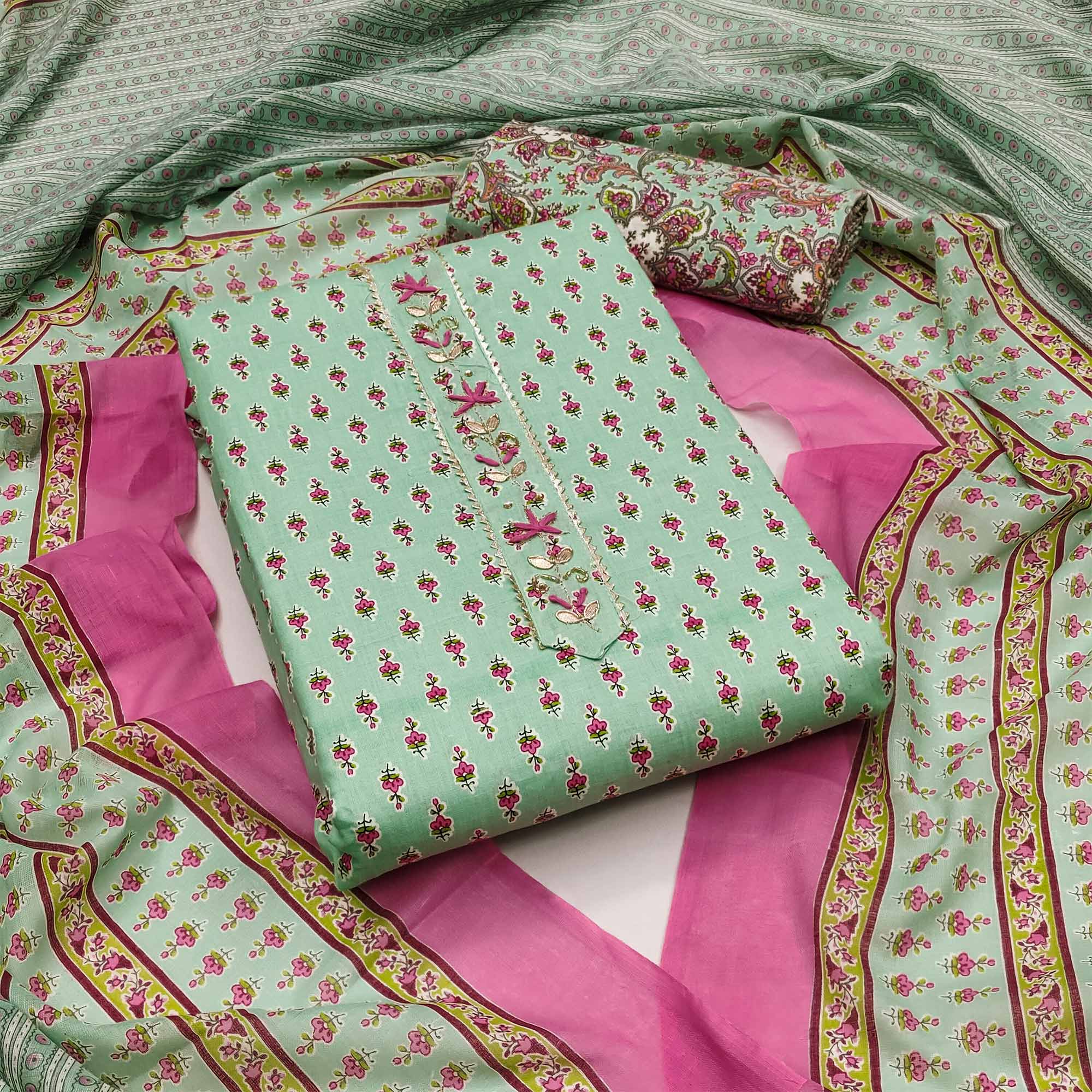 Sea Green Floral Printed Pure Cotton Dress Material