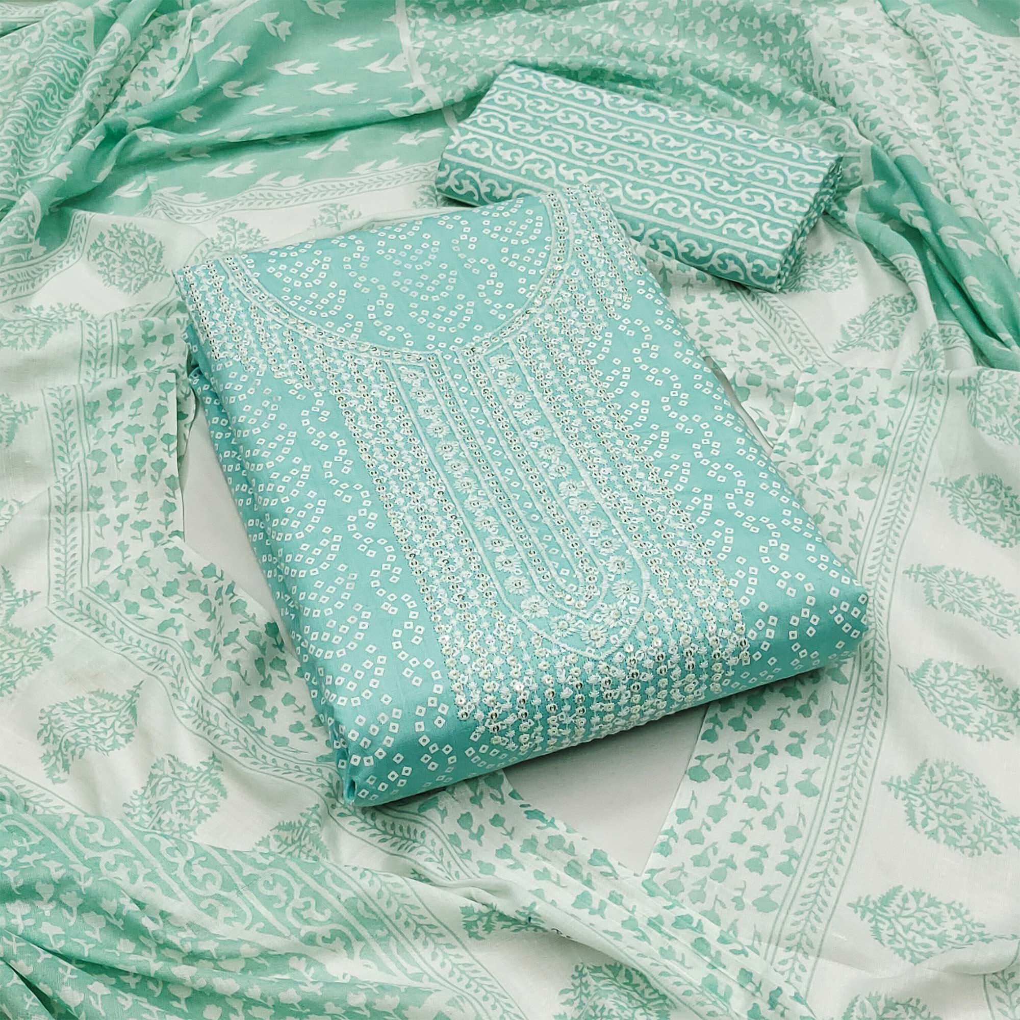 Blue Bandhani Printed With Sequins Pure Cotton Dress Material