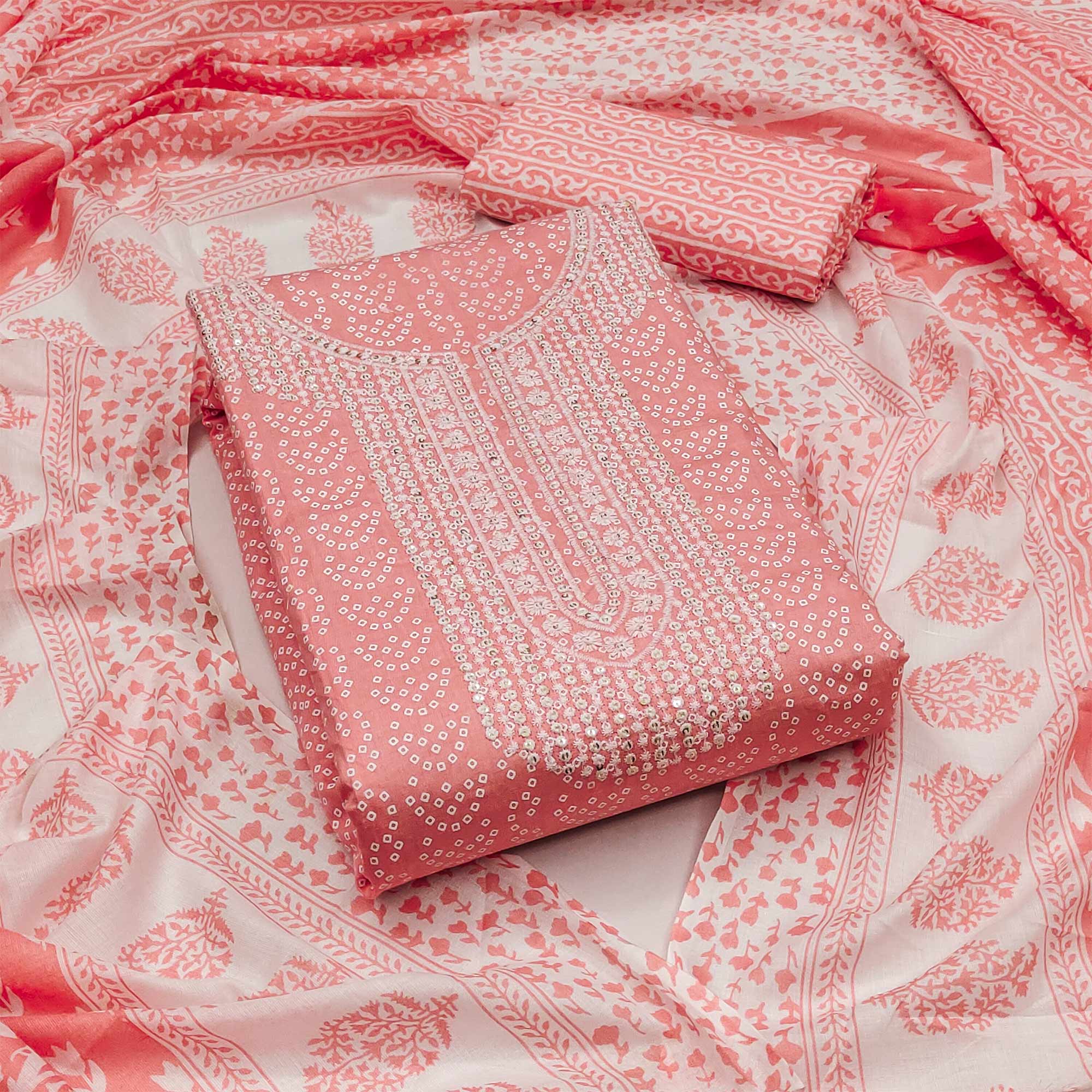 Peach Bandhani Printed With Sequins Pure Cotton Dress Material