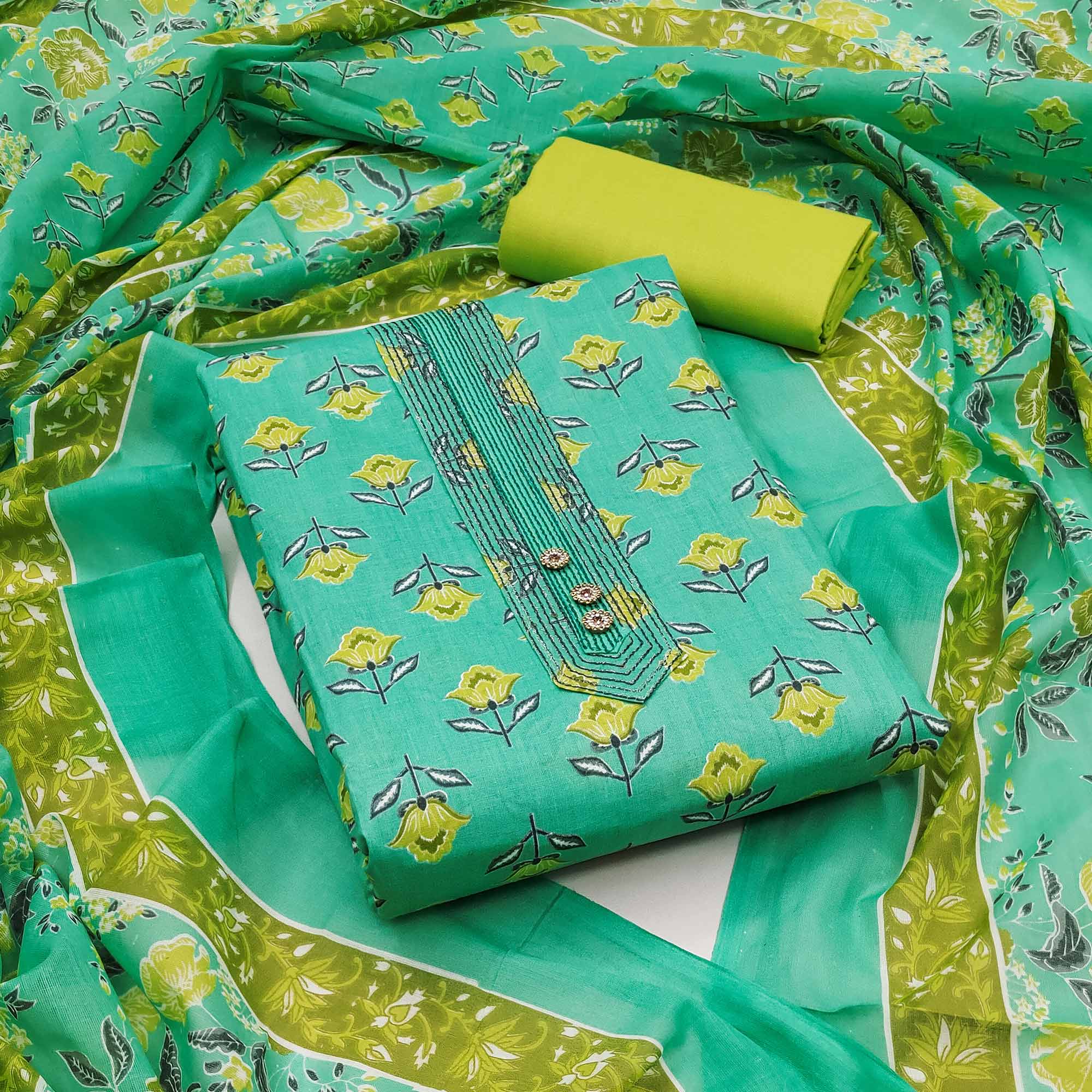 Aqua Green Floral Printed Pure Cotton Dress Material