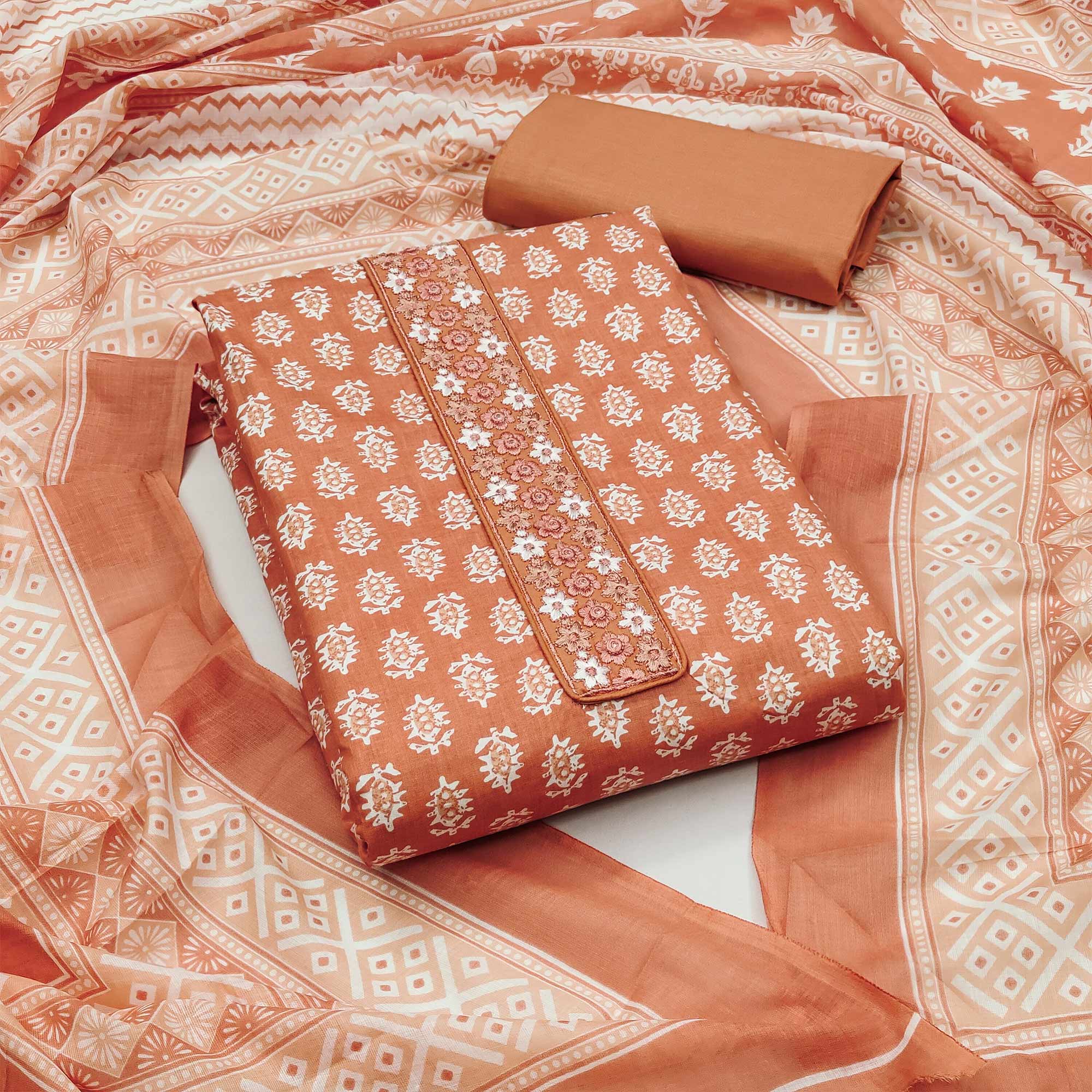 Peach Floral Printed Pure Cotton Dress Material