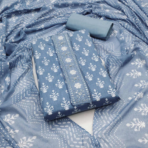 Bluish Grey Floral Printed With Embroidered Pure Cotton Dress Material