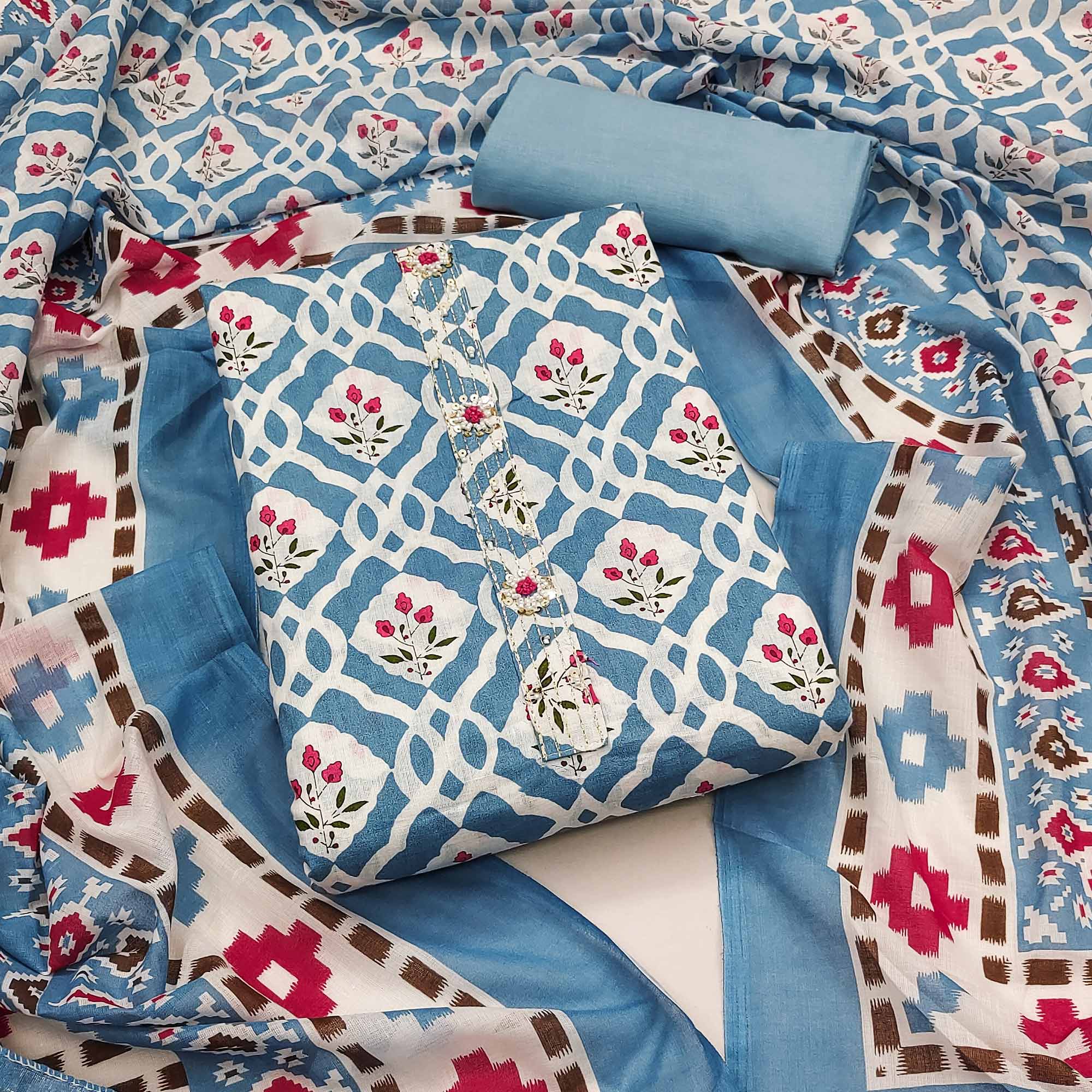 Bluish Grey Floral Printed With Embroidered Pure Cotton Dress Material