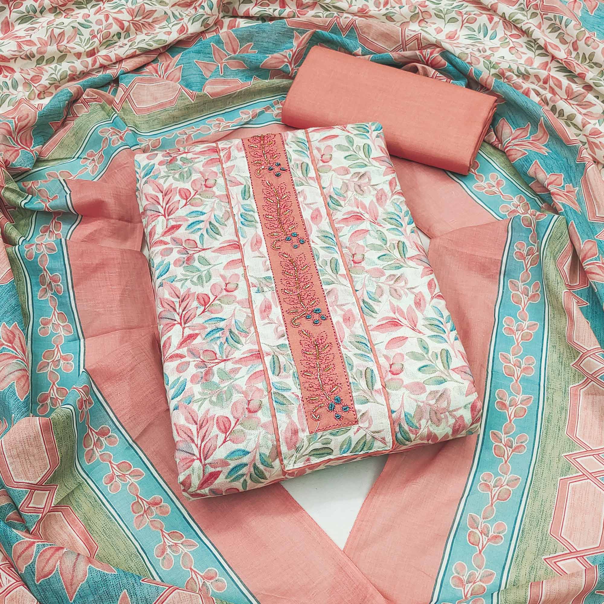 Peach Floral Printed Pure Cotton Dress Material