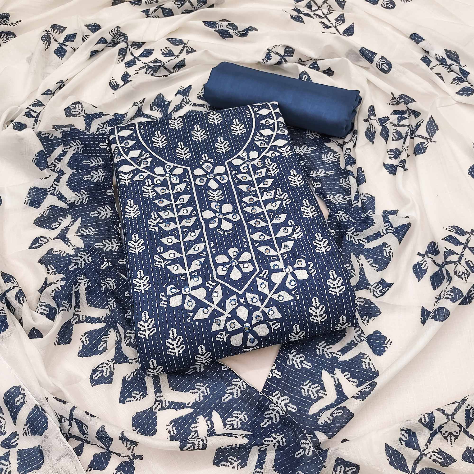 Blue Floral Printed Pure Cotton Dress Material