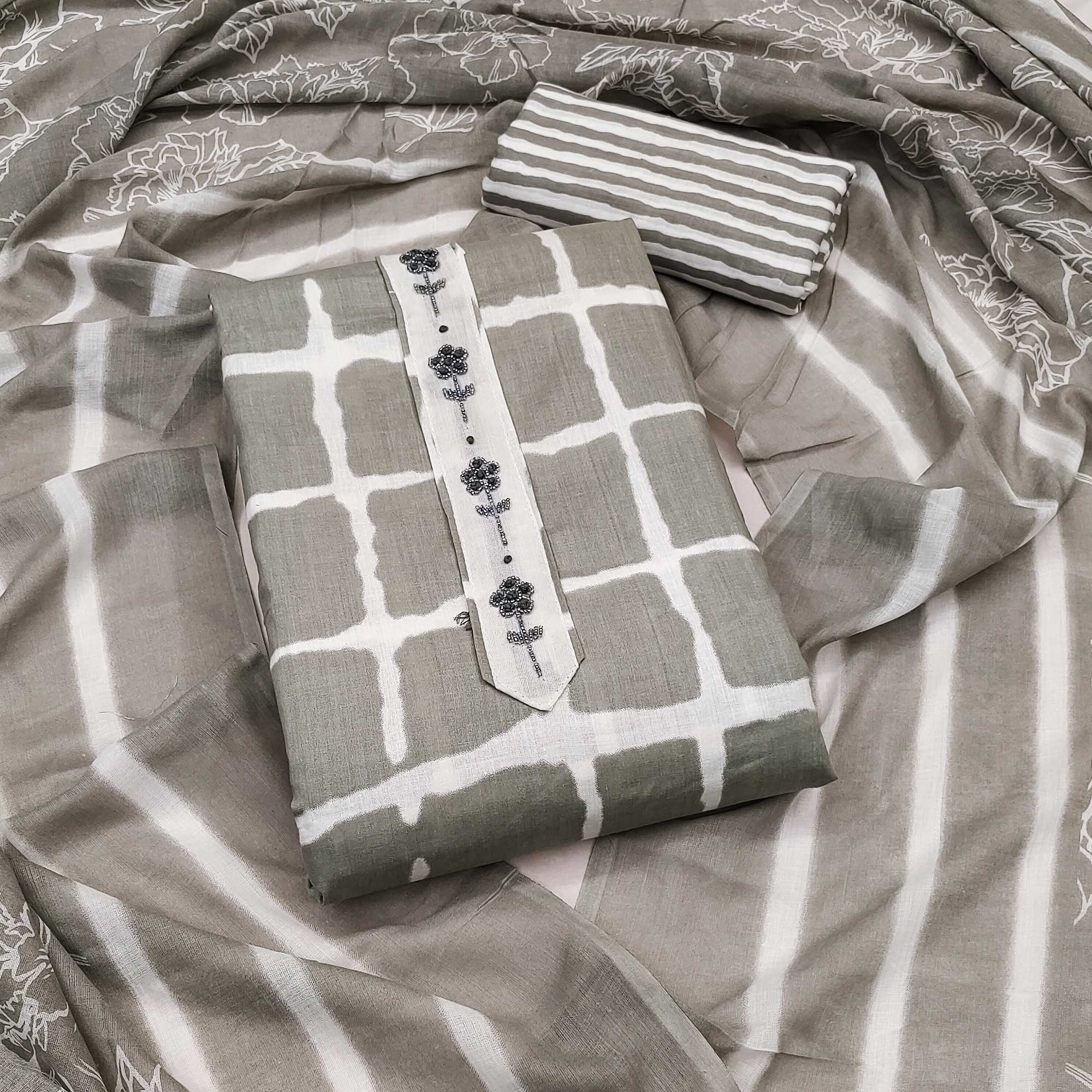 Grey Checks Printed Pure Cotton Dress Material