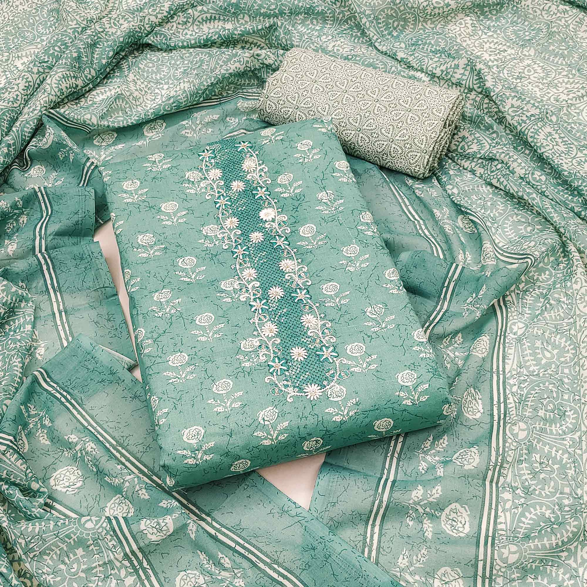 Turquoise Floral Printed Pure Cotton Dress Material