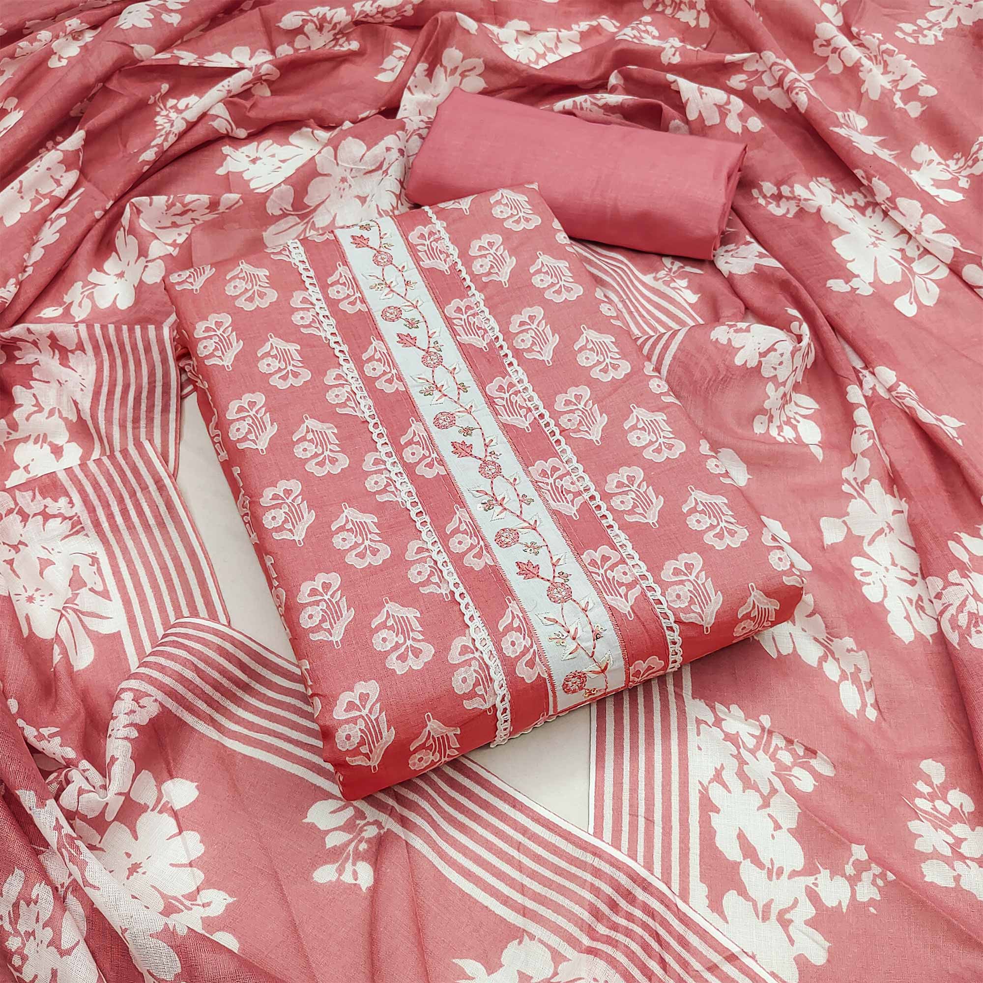 Salmon Pink Floral Printed Pure Cotton Dress Material