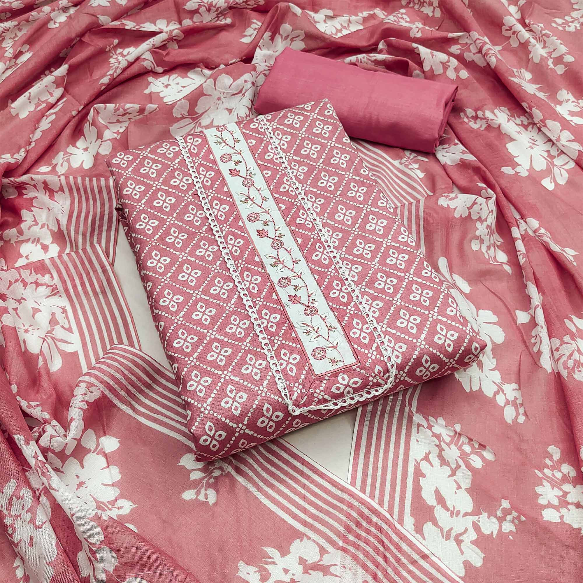 Salmon Pink Floral Printed Pure Cotton Dress Material