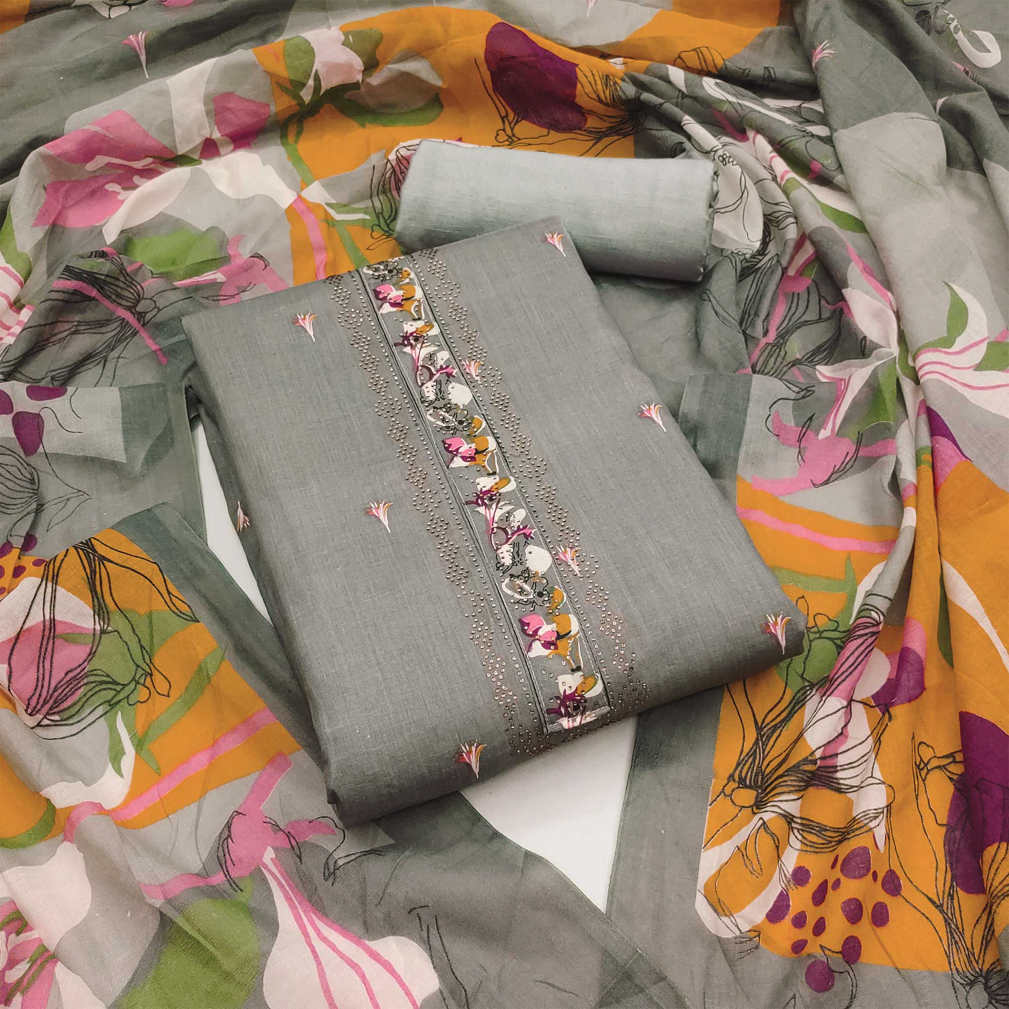 Grey Floral Printed Pure Cotton Dress Material