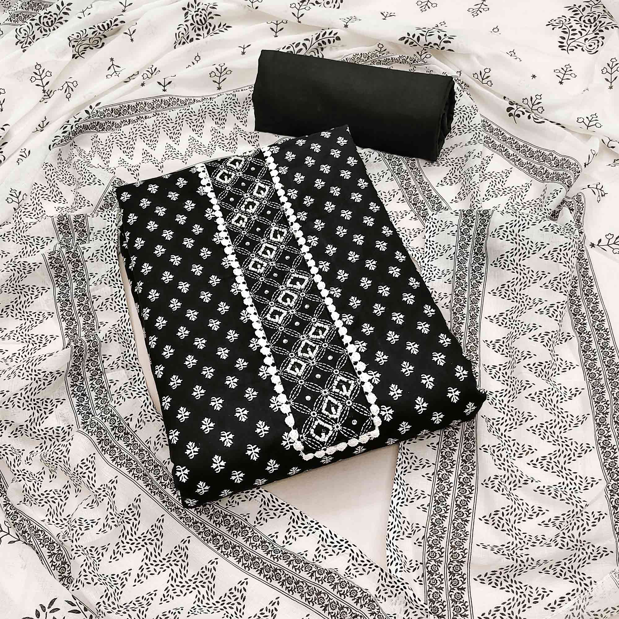 Black Floral Printed Pure Cotton Dress Material