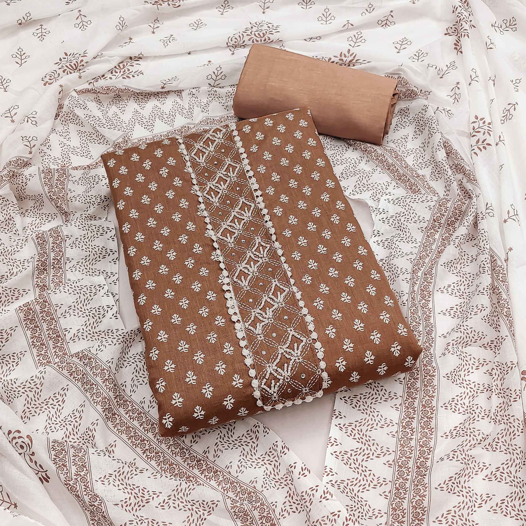 Brown Floral Printed Pure Cotton Dress Material