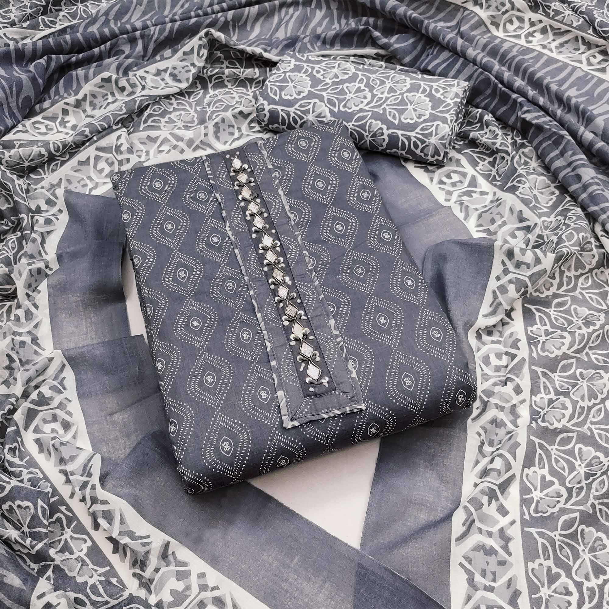 Grey Floral Printed Pure Cotton Dress Material