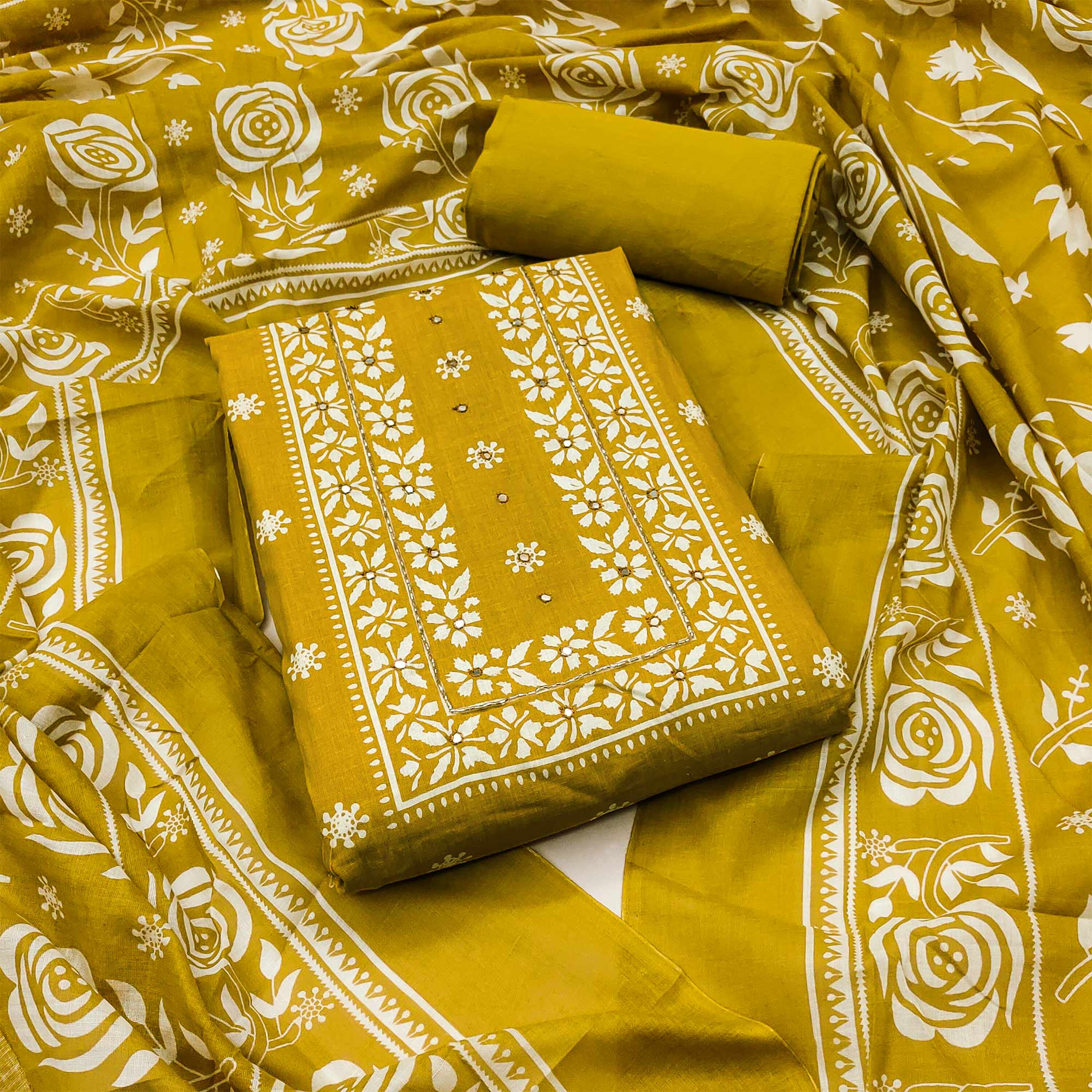 Mustard Printed With Mirror Work Pure Cotton Dress Material