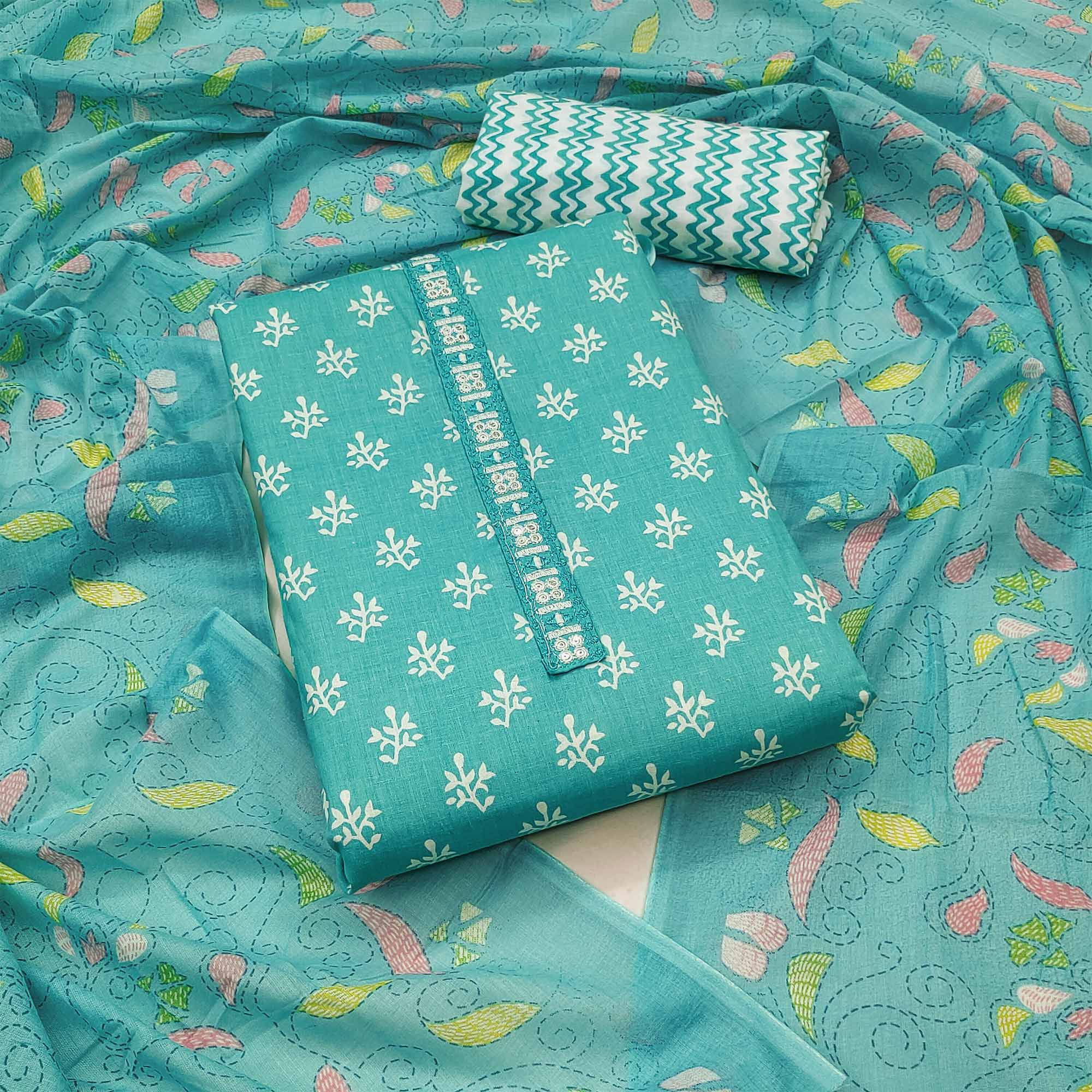 Blue Floral Printed Pure Cotton Dress Material