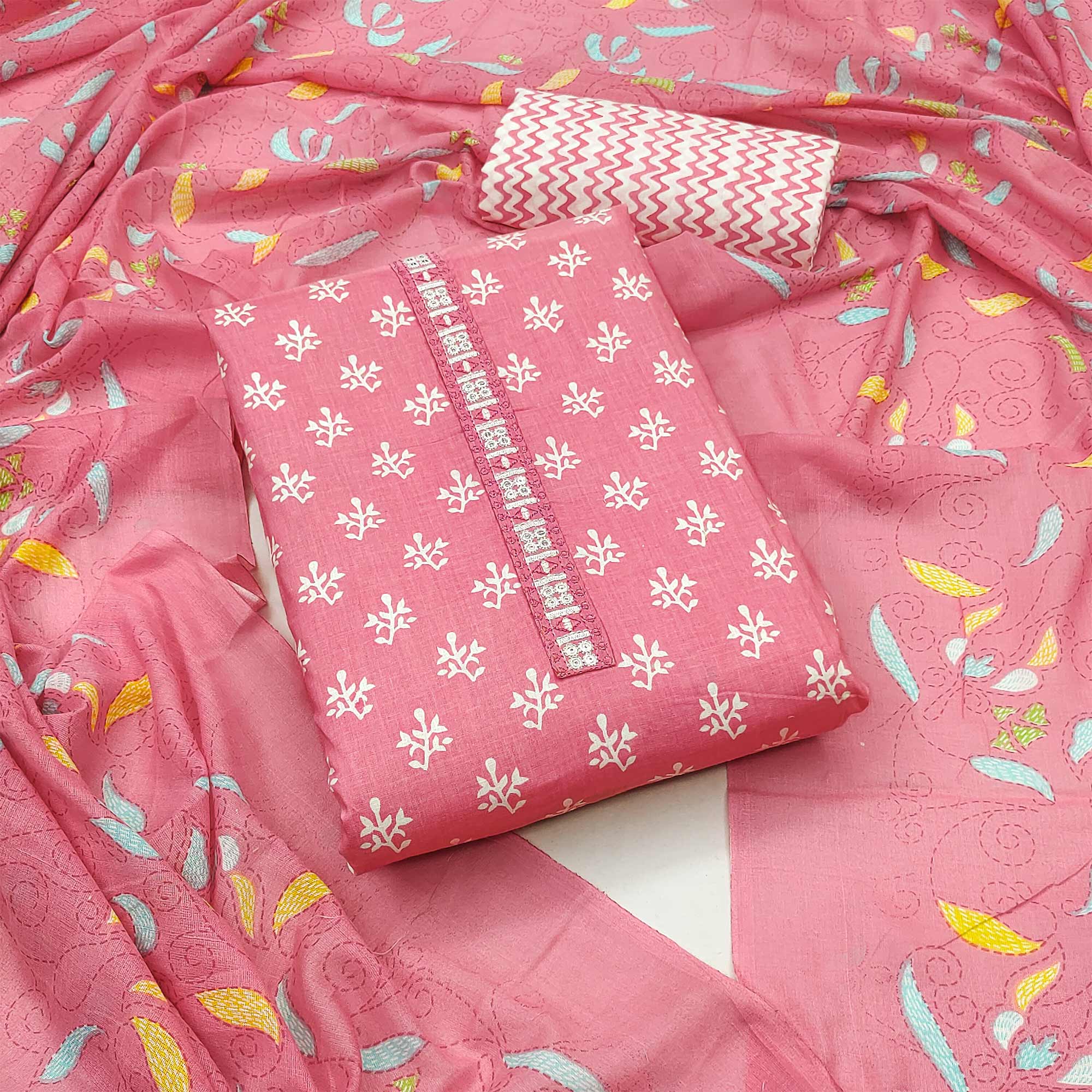 Pink Floral Printed Pure Cotton Dress Material