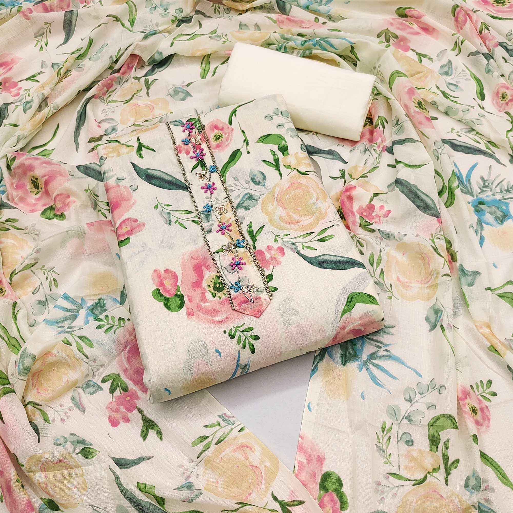 Cream Floral Printed Pure Cotton Dress Material