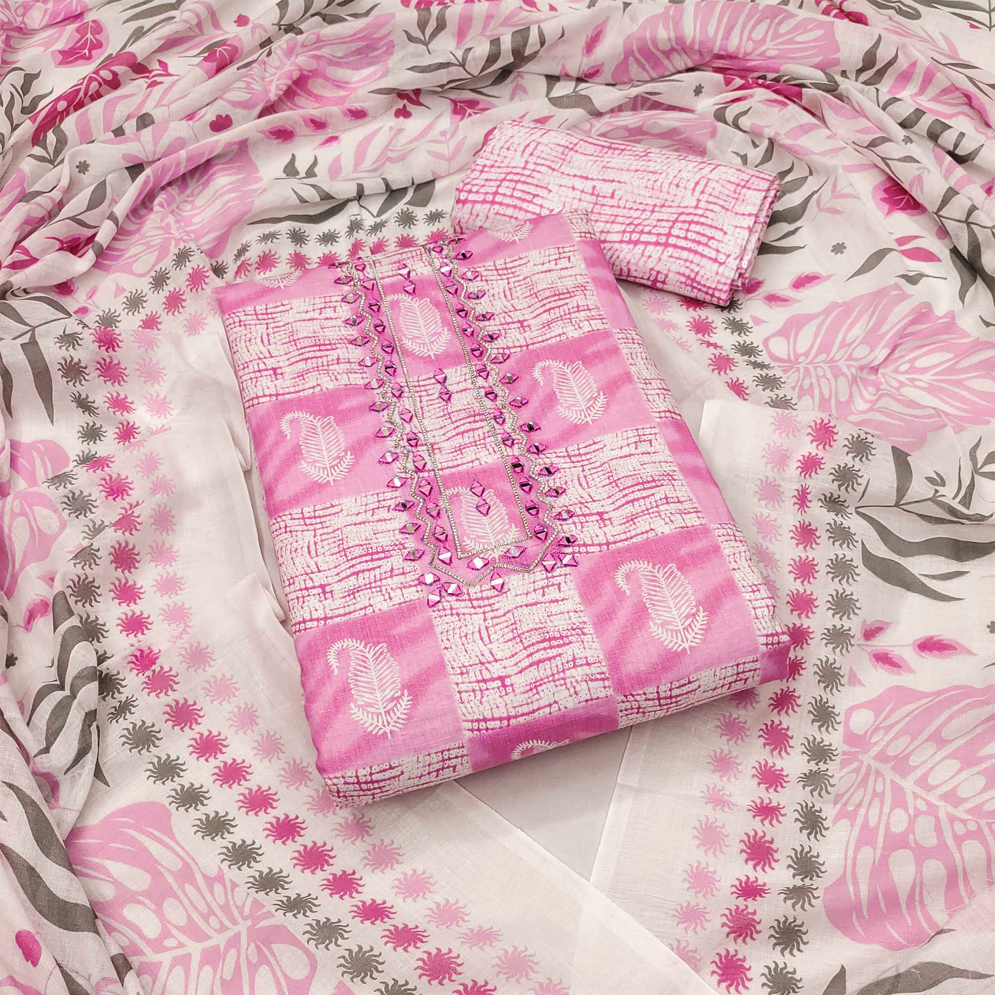 Pink Printed With Mirror Work Pure Cotton Dress Material