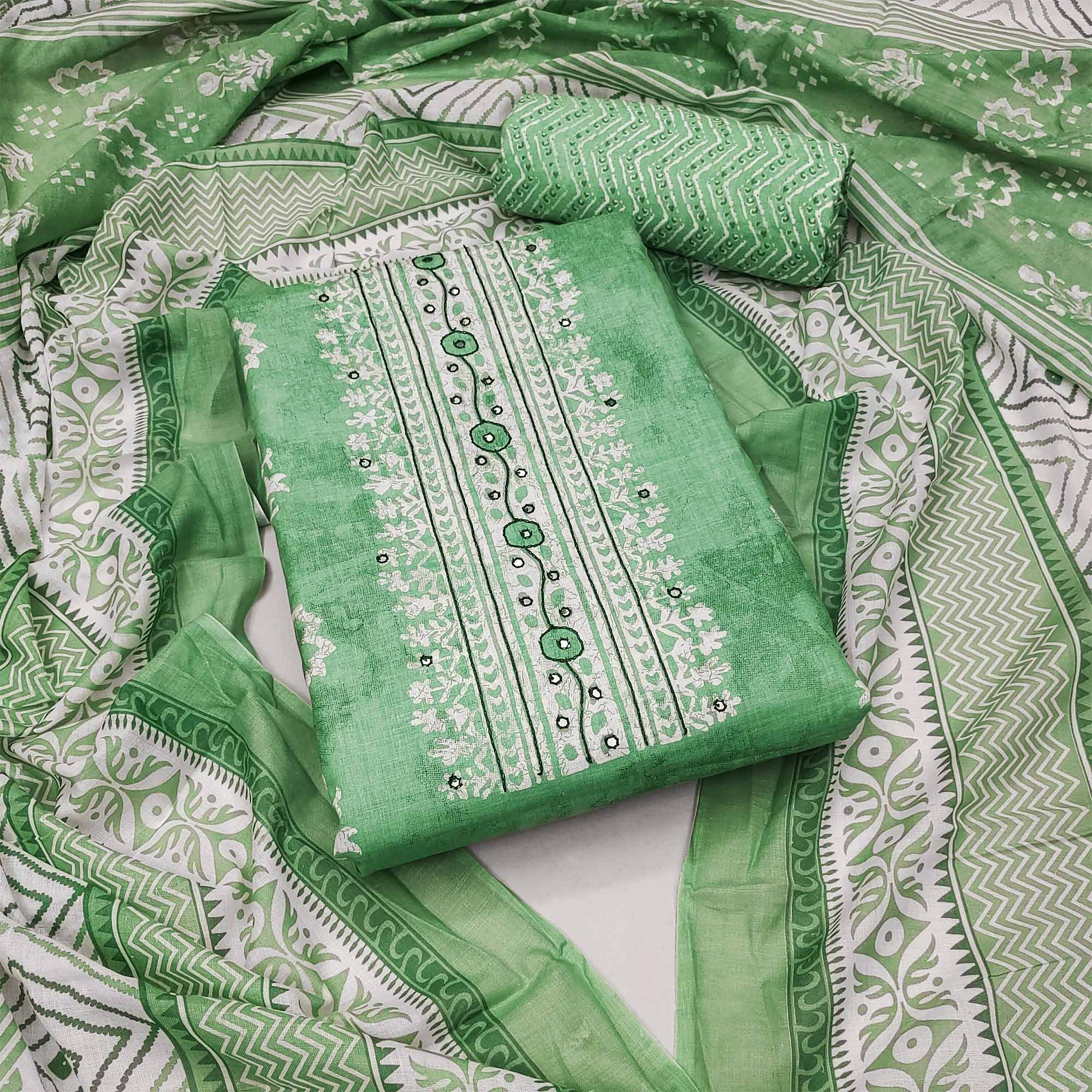 Green Printed With Embroidery Pure Cotton Dress Material