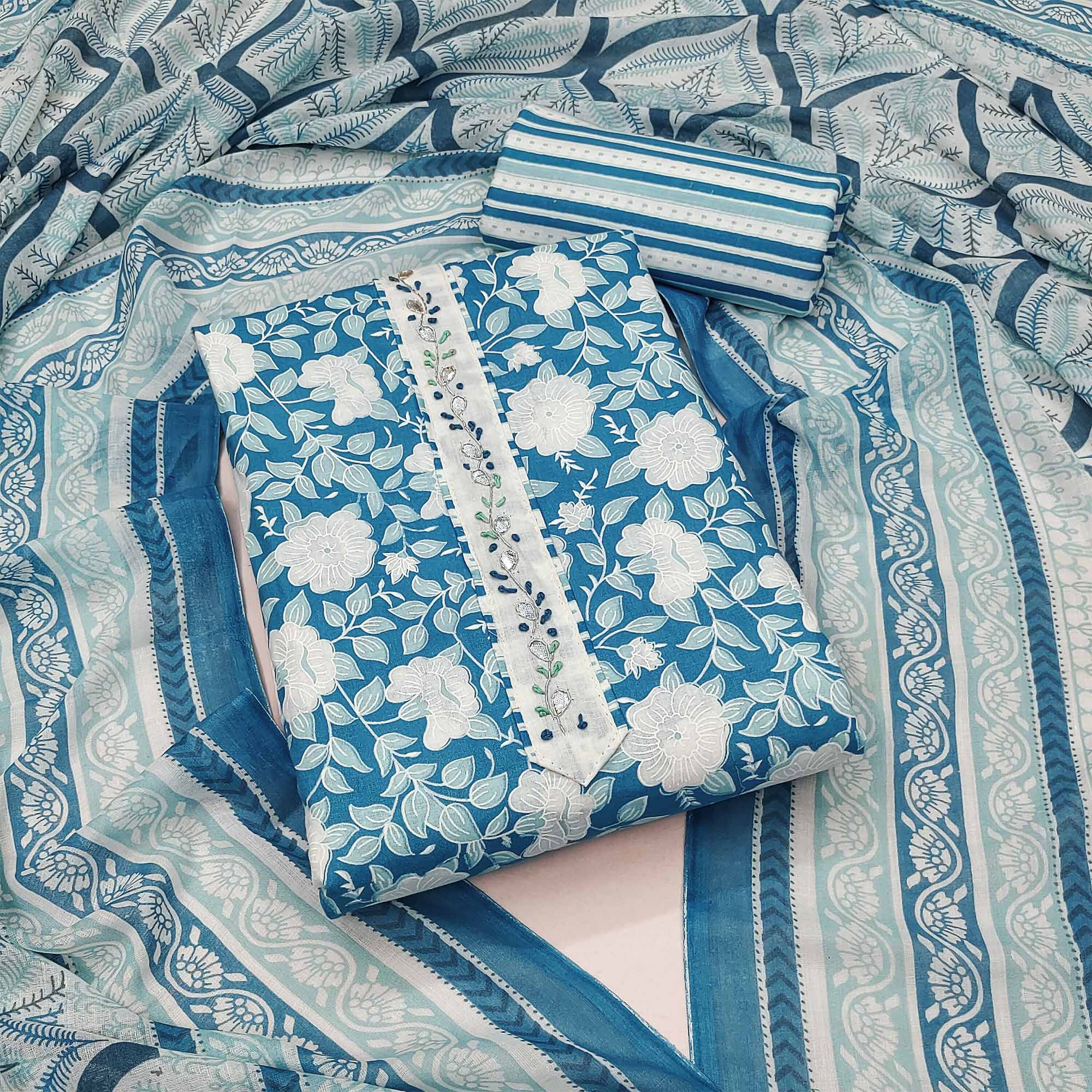 Blue Floral Printed Pure Cotton Dress Material