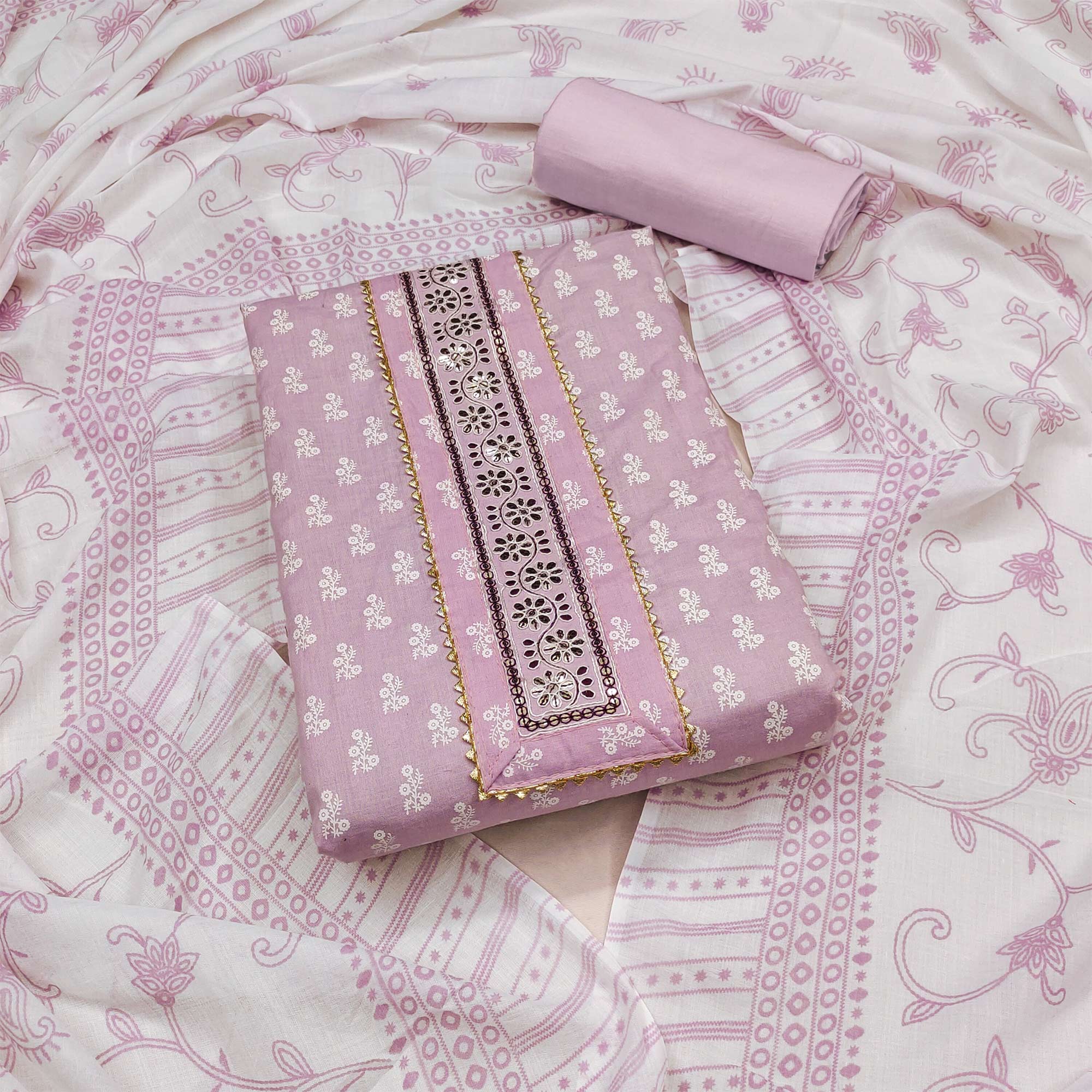 Pale Mauve Floral Printed Pure Cotton Dress Material