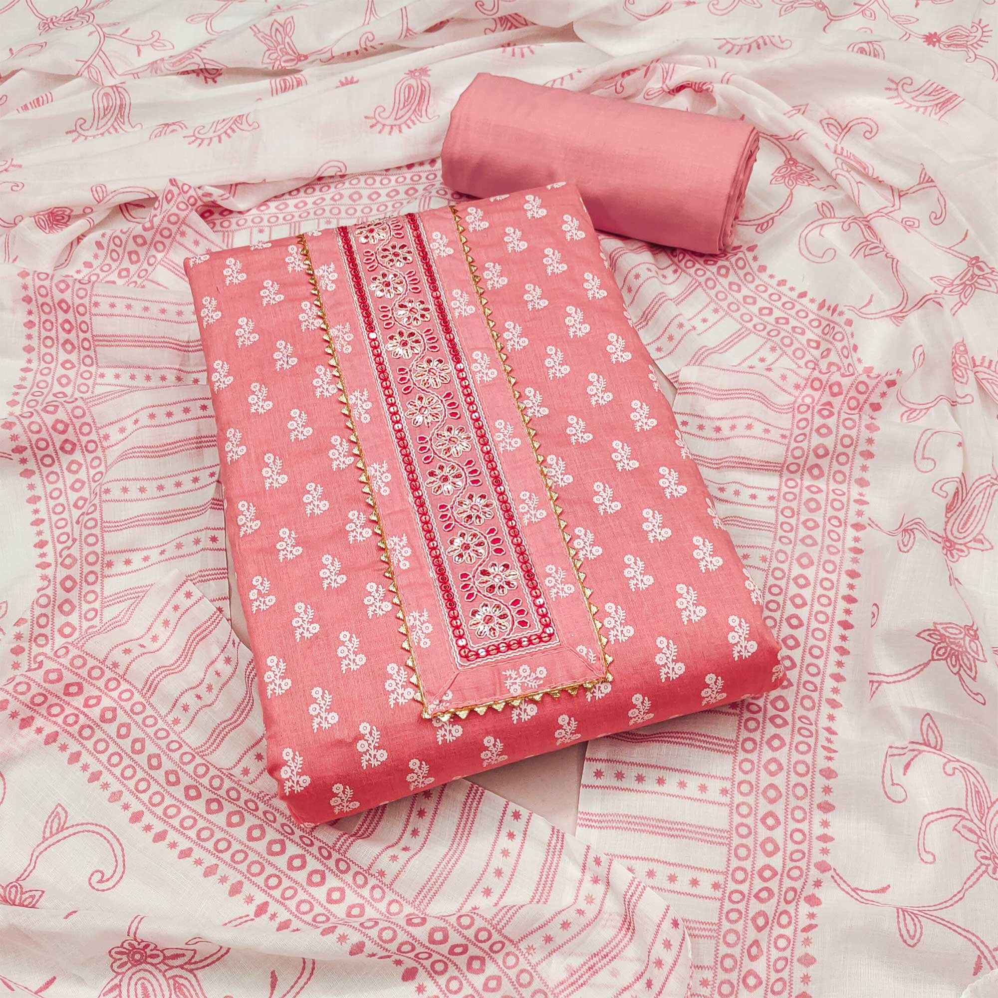 Peach Floral Printed Pure Cotton Dress Material