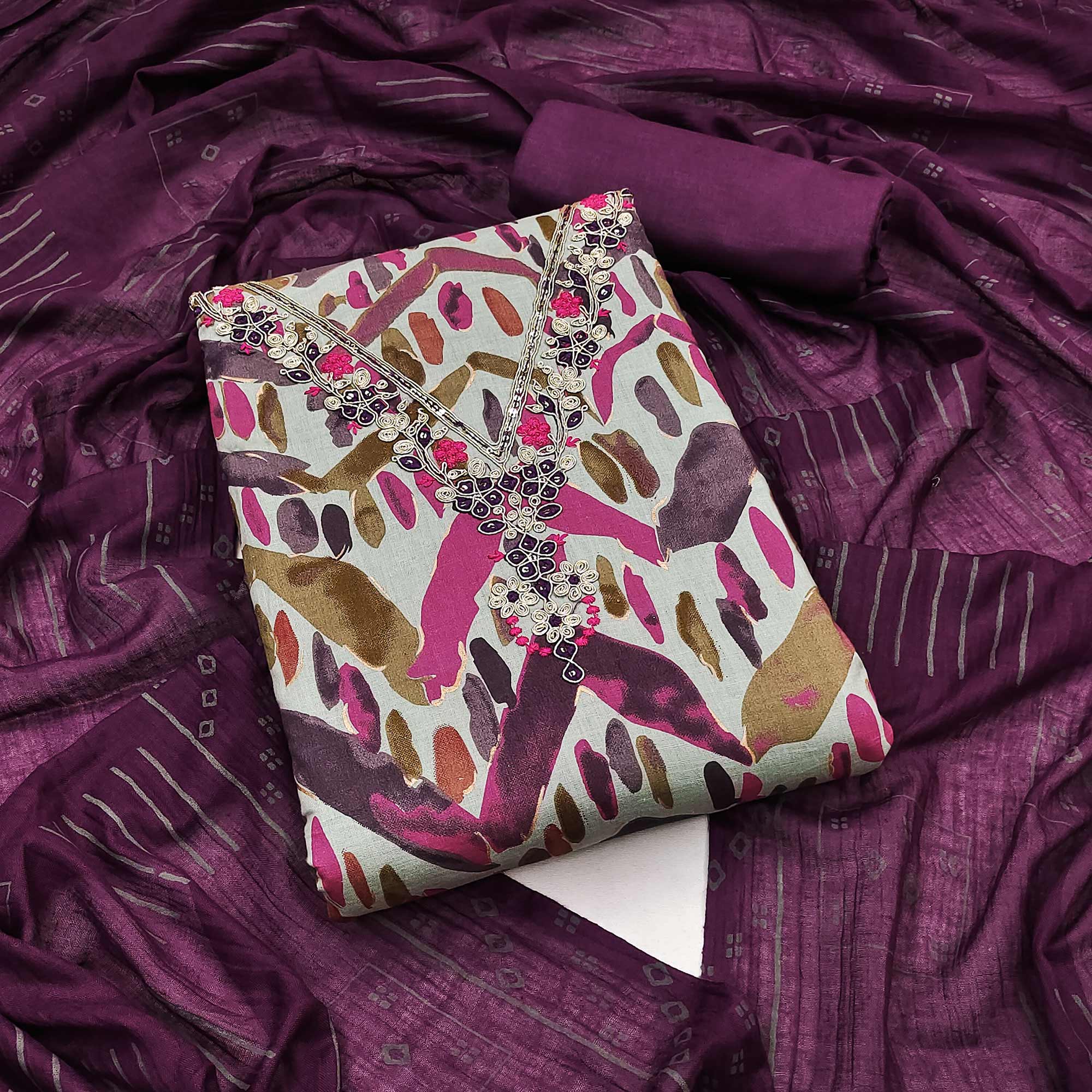 Purple Printed With Embroidered Pure Cotton Dress Material