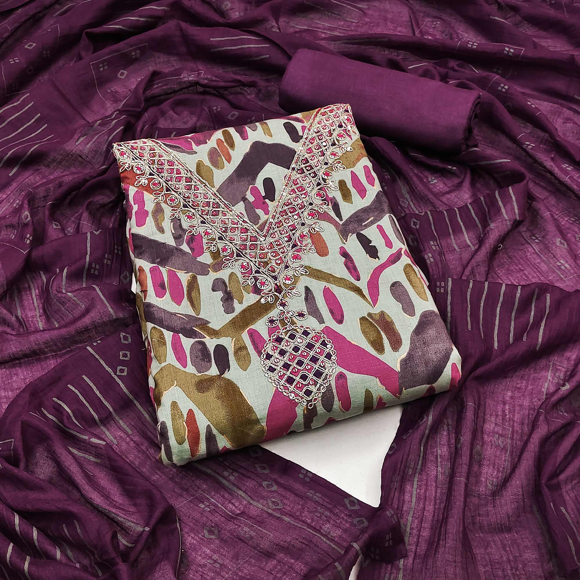 Purple Printed With Embroidered Pure Cotton Dress Material