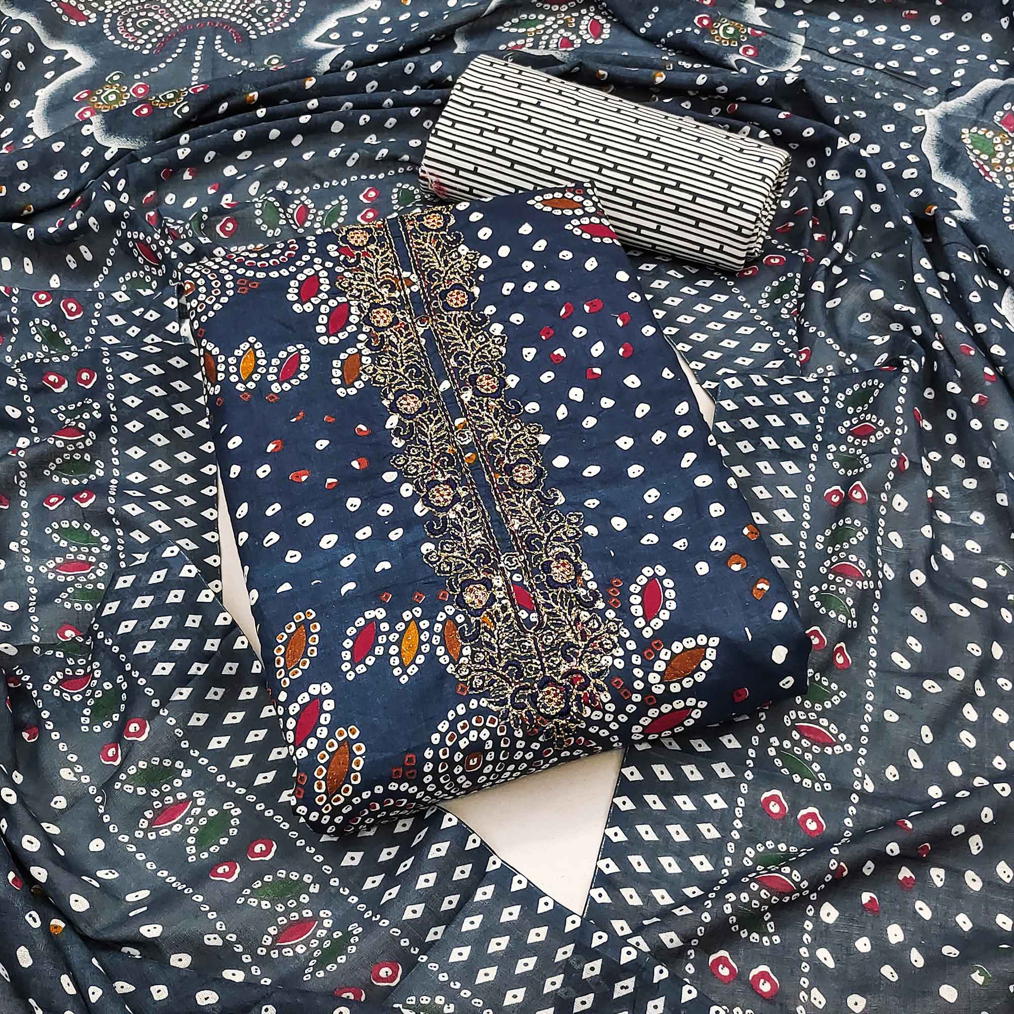 Blue Bandhani Printed With Embroidered Pure Cotton Dress Material