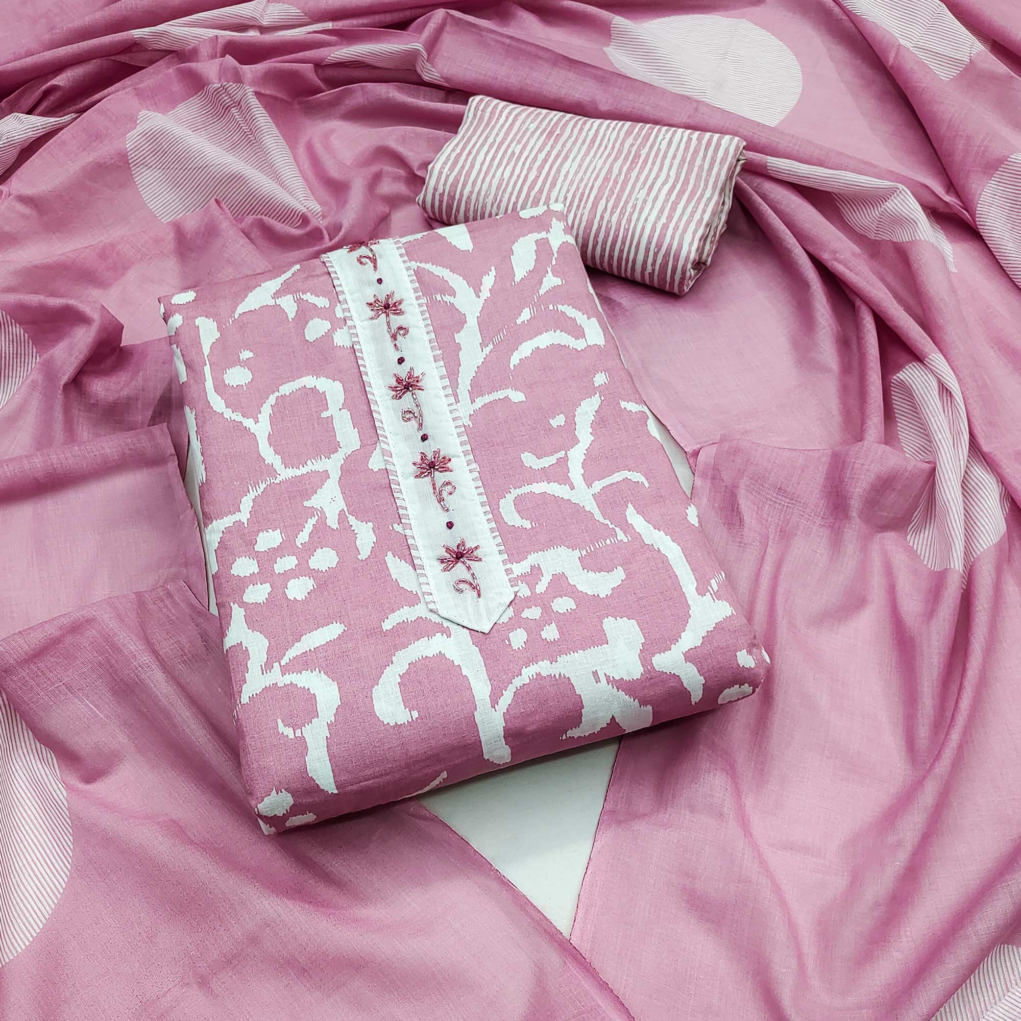 Pink Printed With Handwork Pure Cotton Dress Material