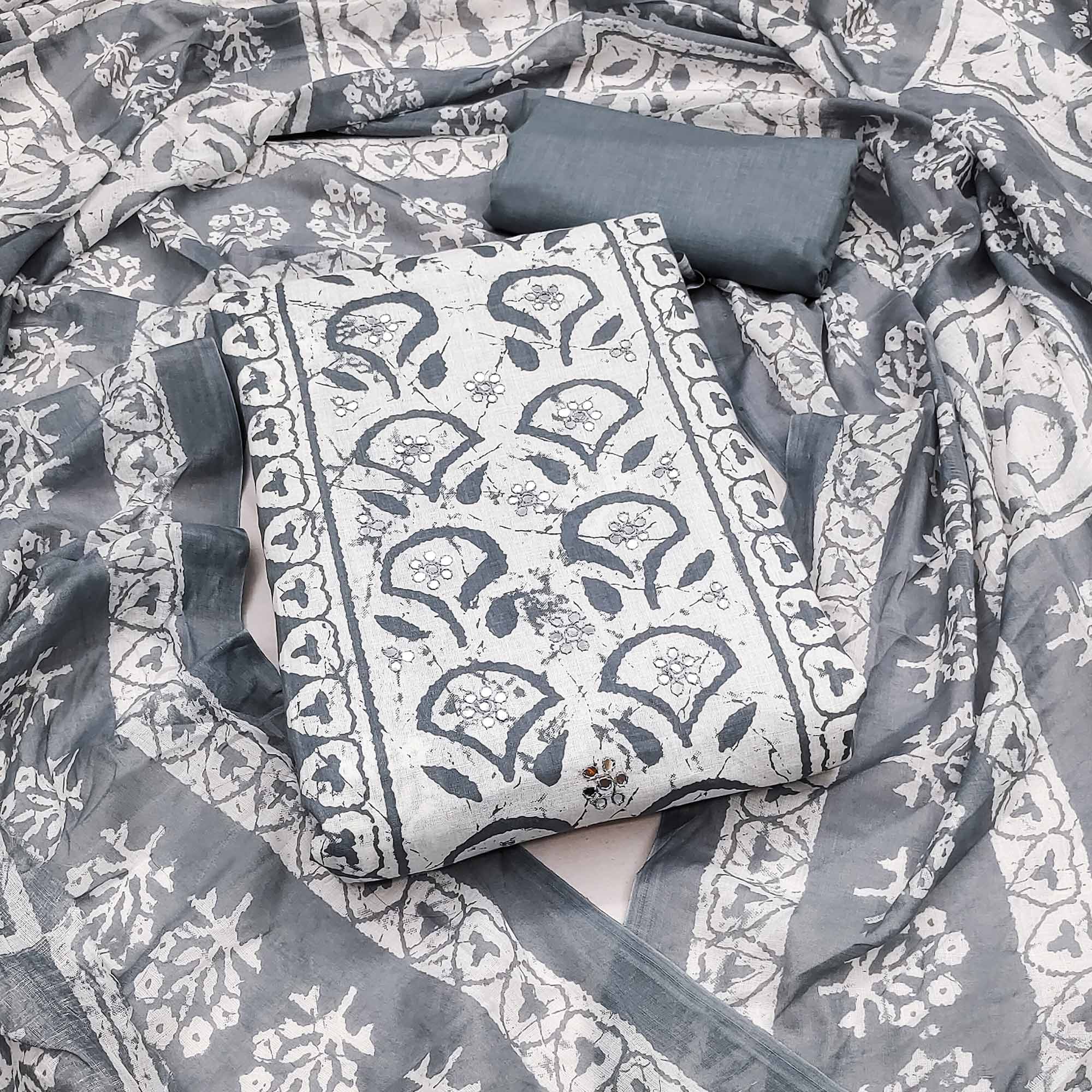 Grey Printed Pure Cotton Dress Material