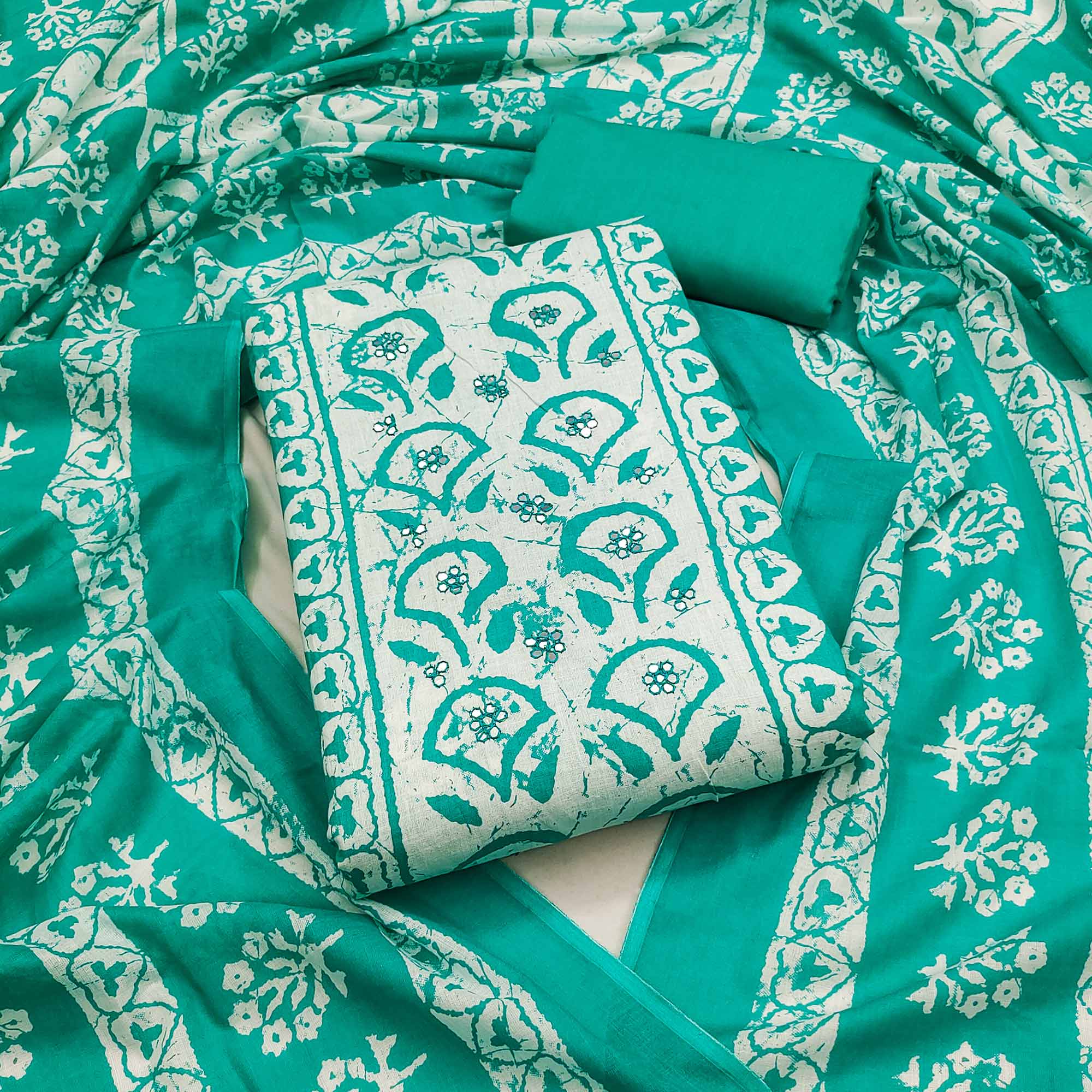 Turquoise Printed Pure Cotton Dress Material