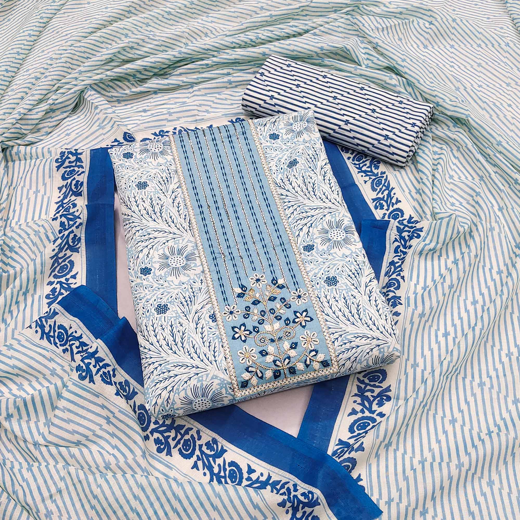 Blue Floral Printed With Embroidery Pure Cotton Dress Material