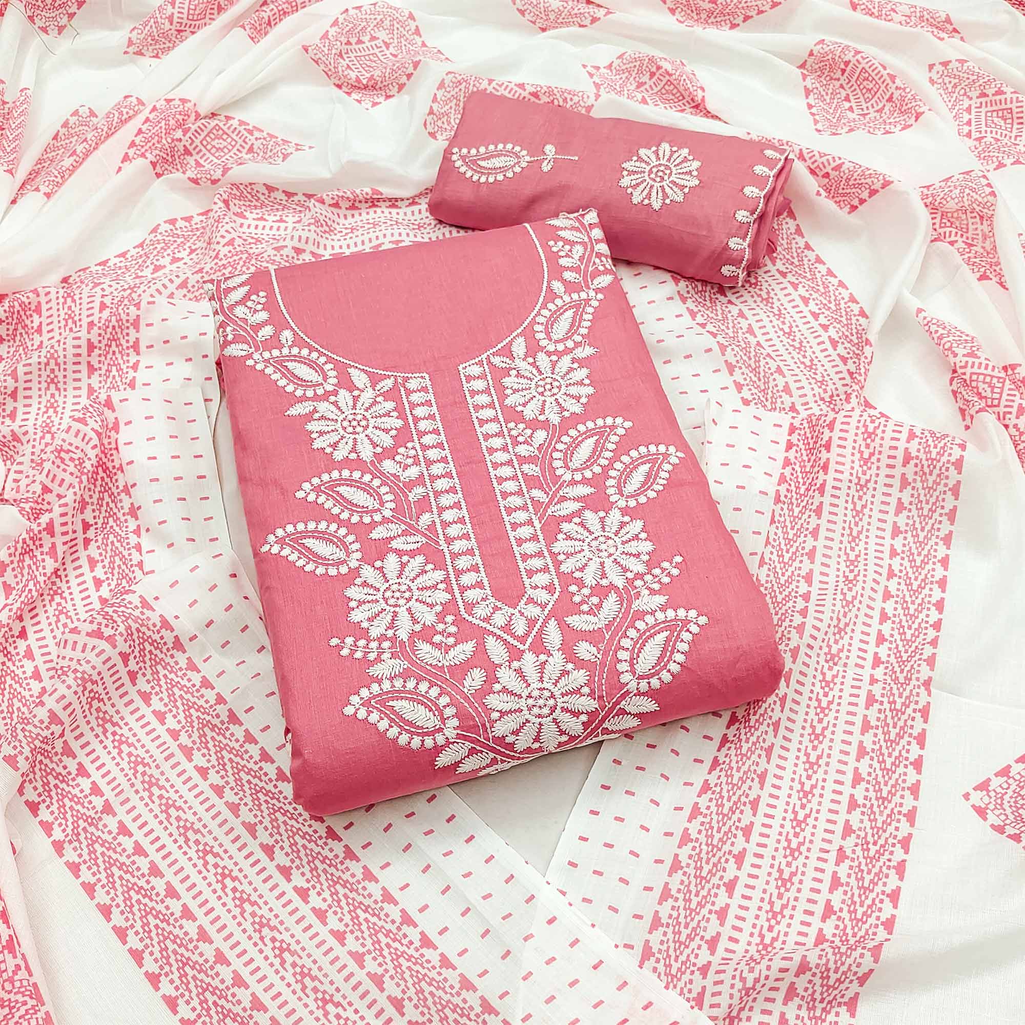 Pink Floral Embroidered Pure Cotton Dress Material