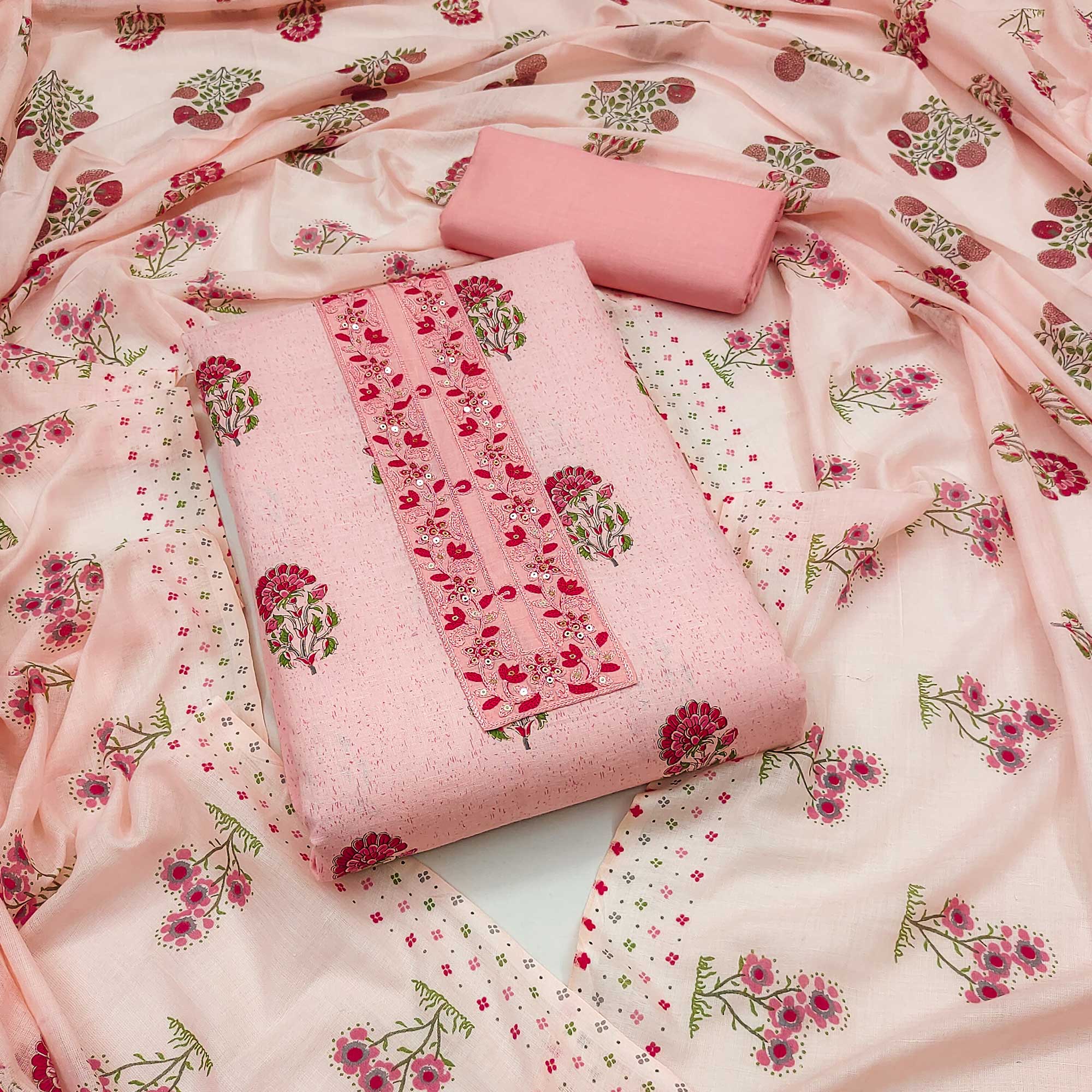Pink Floral Printed With Embroidery Pure Cotton Dress Material