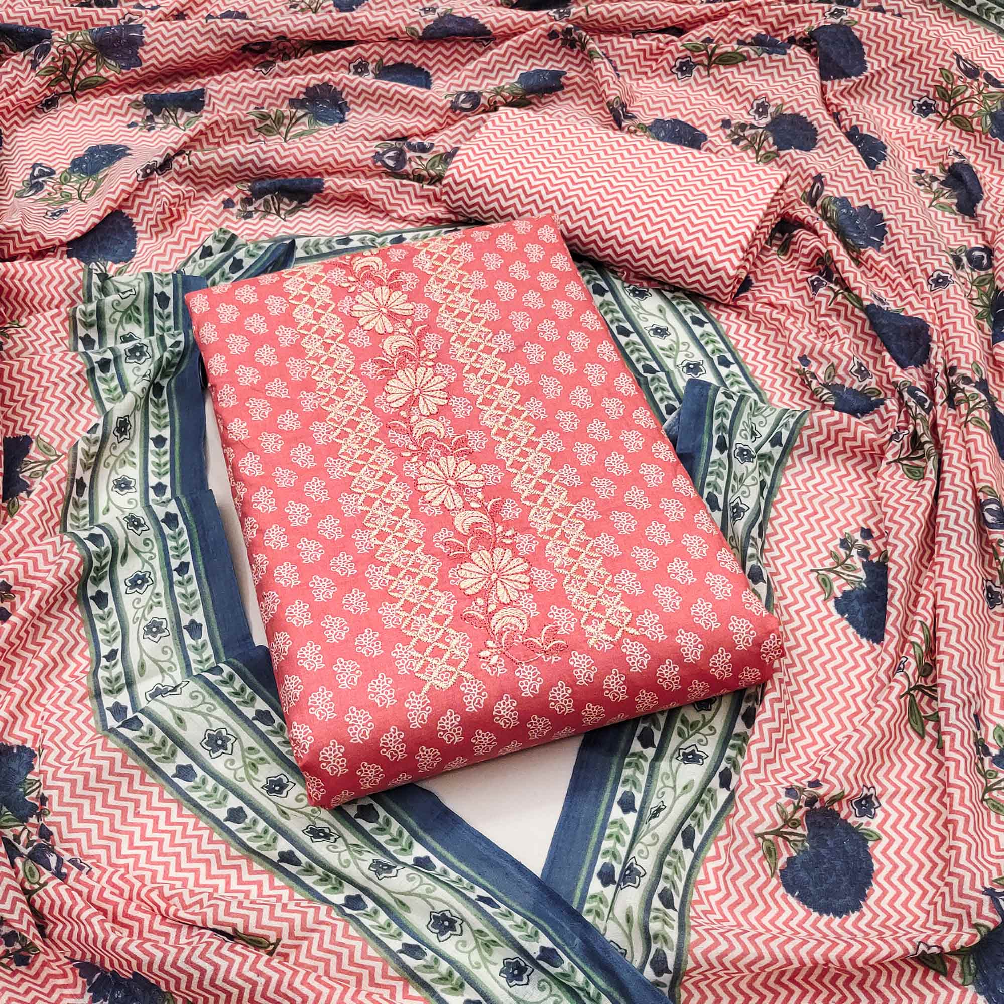 Pink Floral Printed With Embroidery Pure Cotton Dress Material