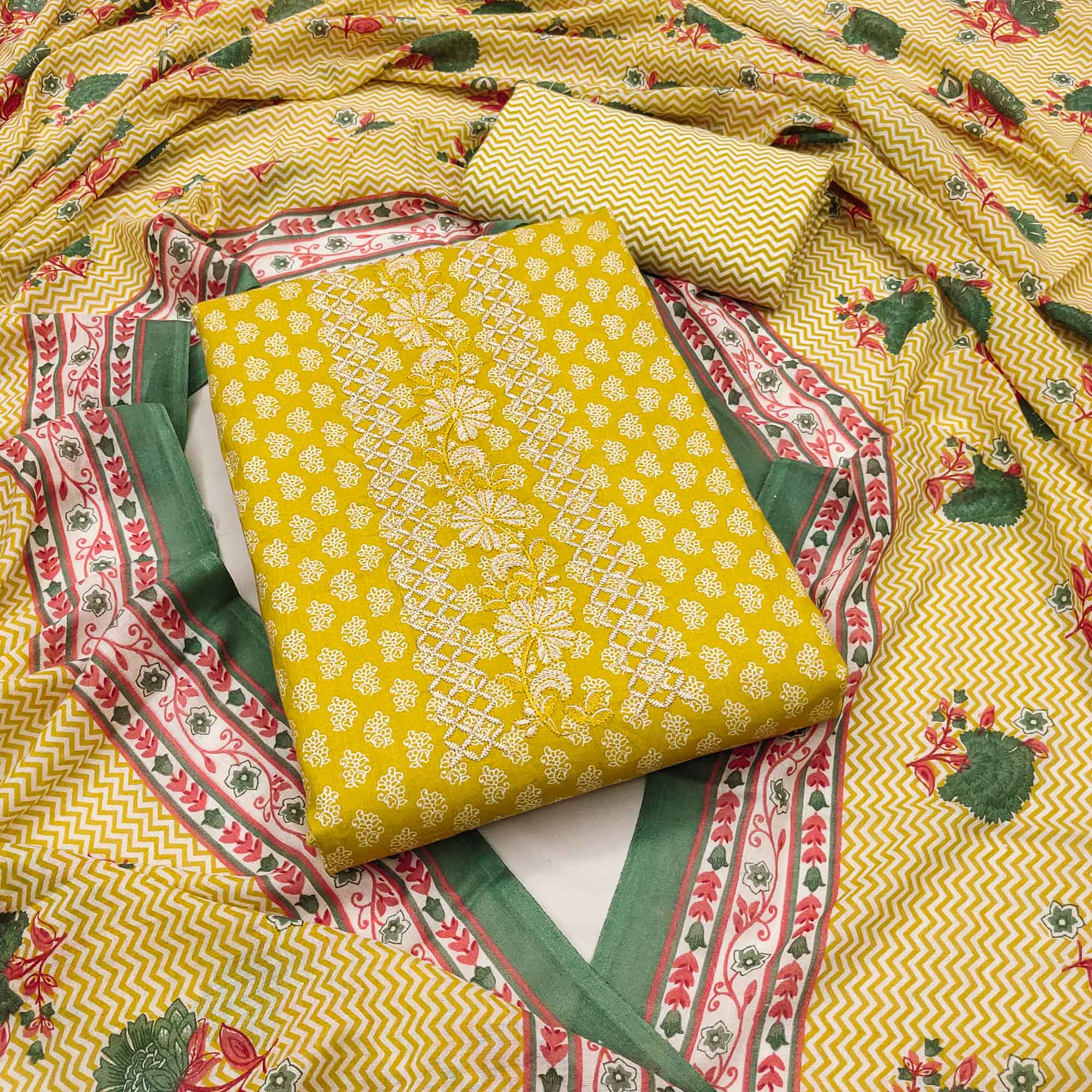 Yellow Floral Printed With Embroidery Pure Cotton Dress Material