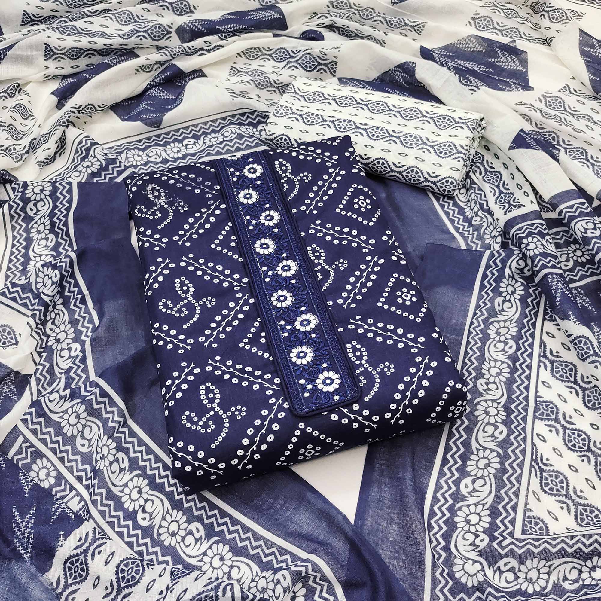 Navy Blue Bandhani Printed With Embroidery Pure Cotton Dress Material