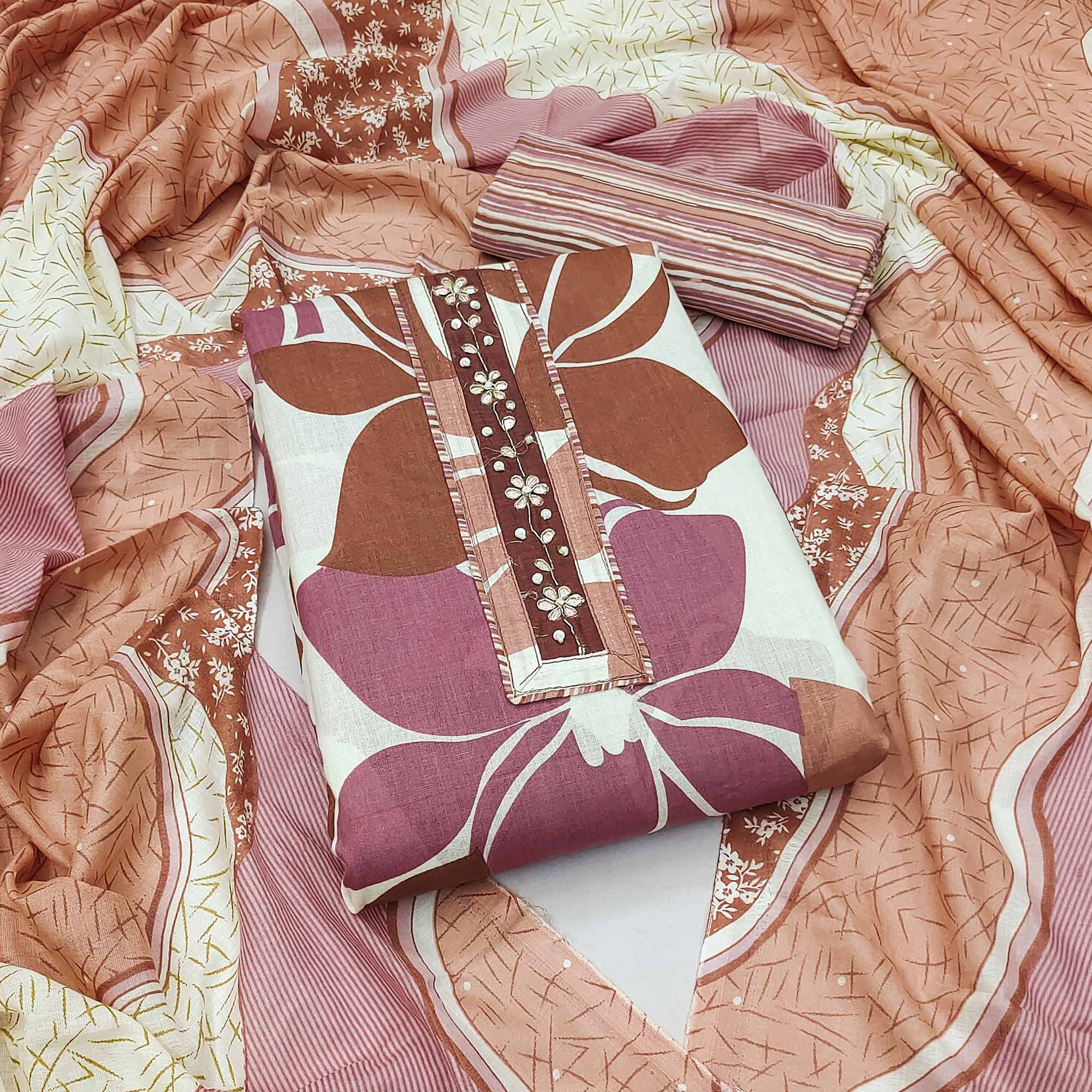 Brown Floral Printed Pure Cotton Dress Material