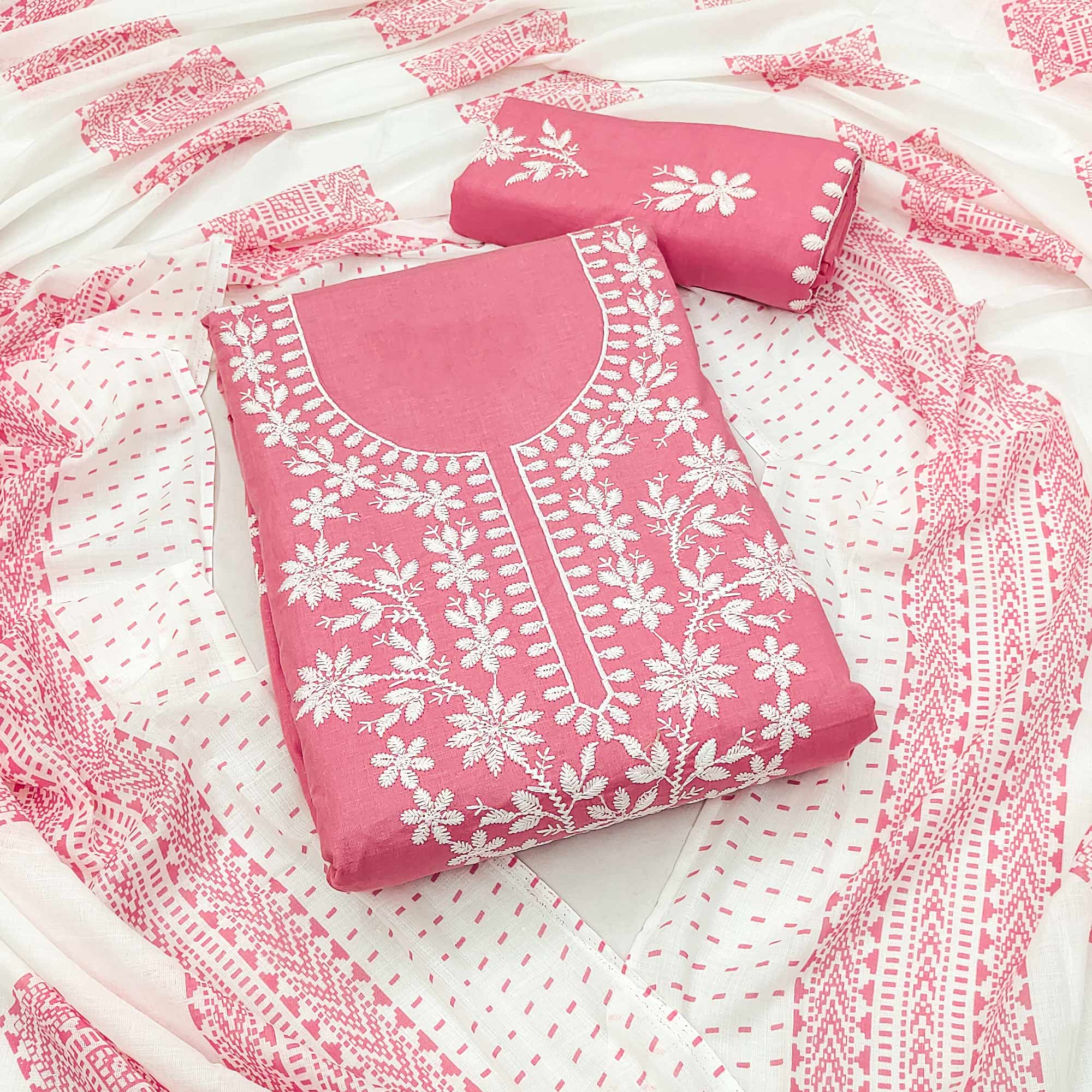 Pink - 3pc Cotton Bagh Print Unstitched Dress Material 13
