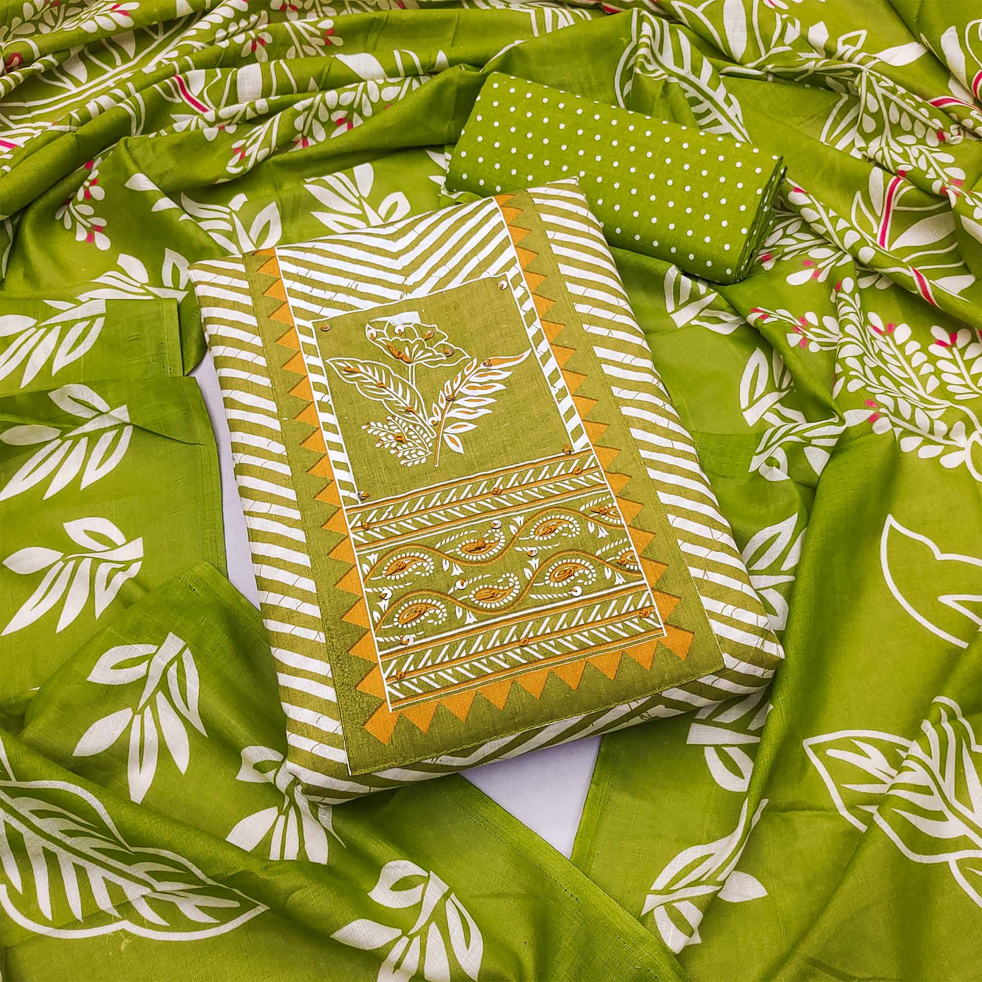 Green Printed Pure Cotton Dress Material