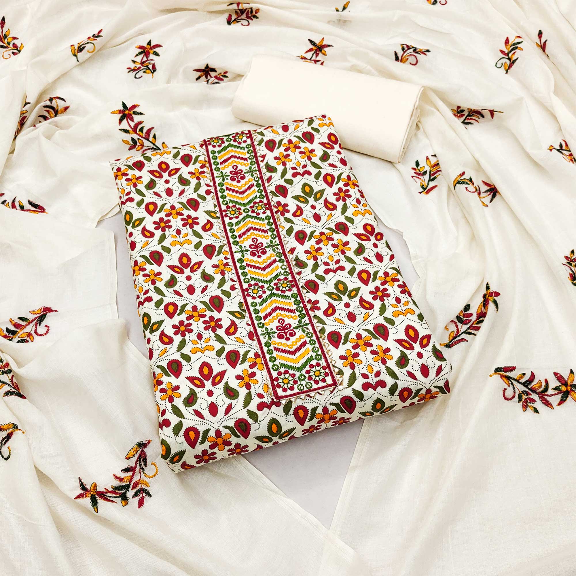 Off White Printed Pure Cotton Dress Material With Embroidery Work